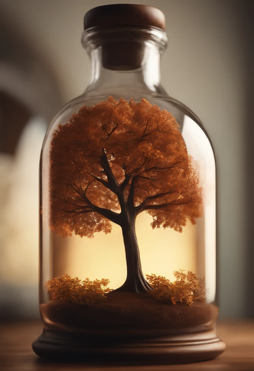 Dreamart tree in a bottle, Felpudo, Realistic, fotografia, canon, Sonho, arte, colorful leaves and branches with flowers on the top of the head. Fotorrealismo Hiperdetalhado de Greg Rutkowski - H 1024 W 804 | f 1 6 Marca da lente 2:2 s 3555 mm film grain :1 Realistic high-resolution sharp focus contrast!! intricate detailed atmospheric light refraction lighting unreal engine 5 cinematic concept photography masterpiece octane render trend in cgsociety rendered as