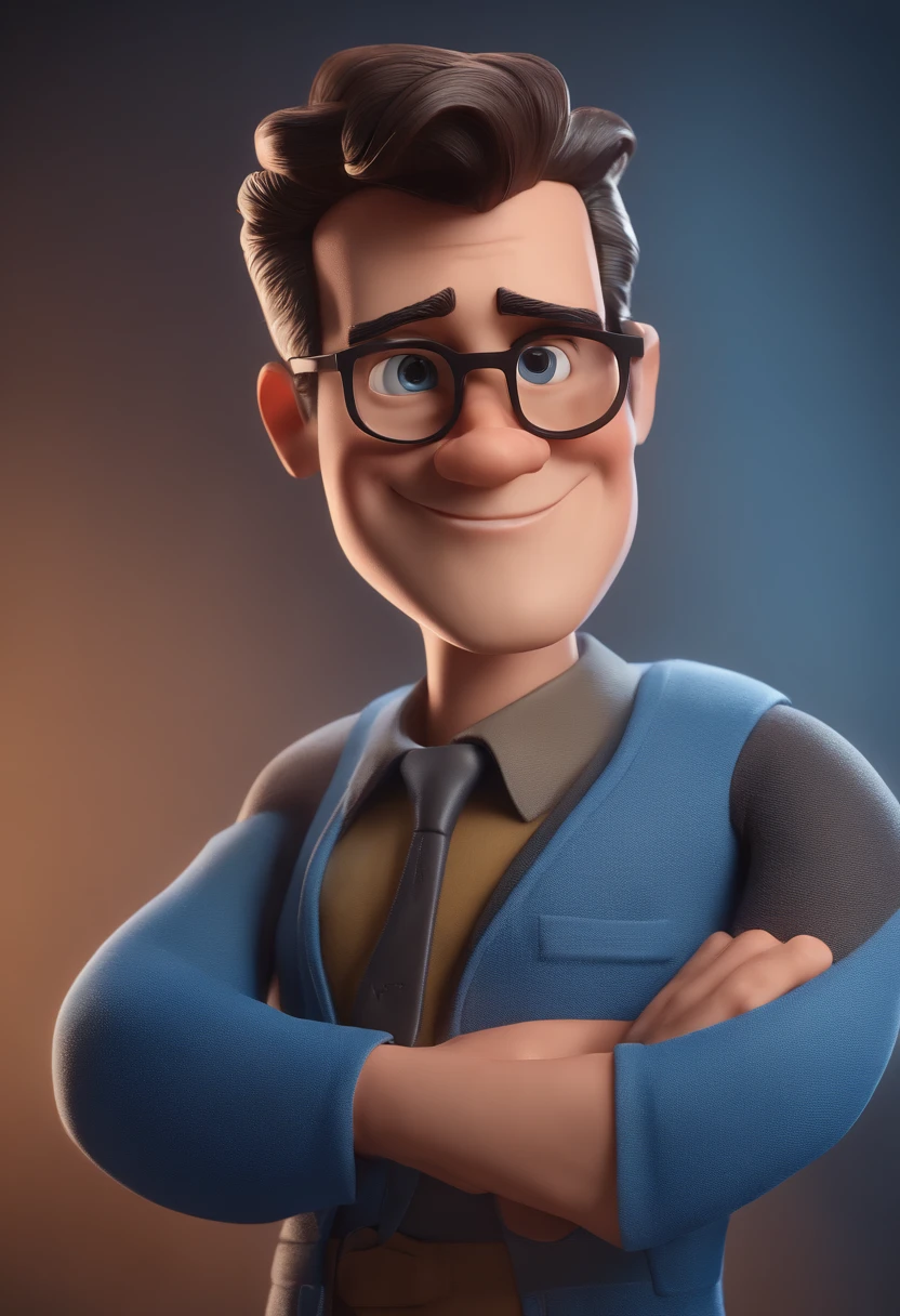 Cartoon character of a man with black glasses and a blue shirt, animation character, Caractere estilizado, animation style rendering, 3D estilizado, Arnold Maya render, 3 d render stylized, toon render keyshot, Personagem 3D, Personagem 3D, 3d rendering stylized, 3 d character render, personagem de desenho animado, Personagem de close up, Pose de personagem,  (Estilo Pixar) (master part:1.2) (Bokeh) (best quality) (pele detalhada) (textura detalhada) (8k) (argila) (Cinematic lighting) (foco nítido