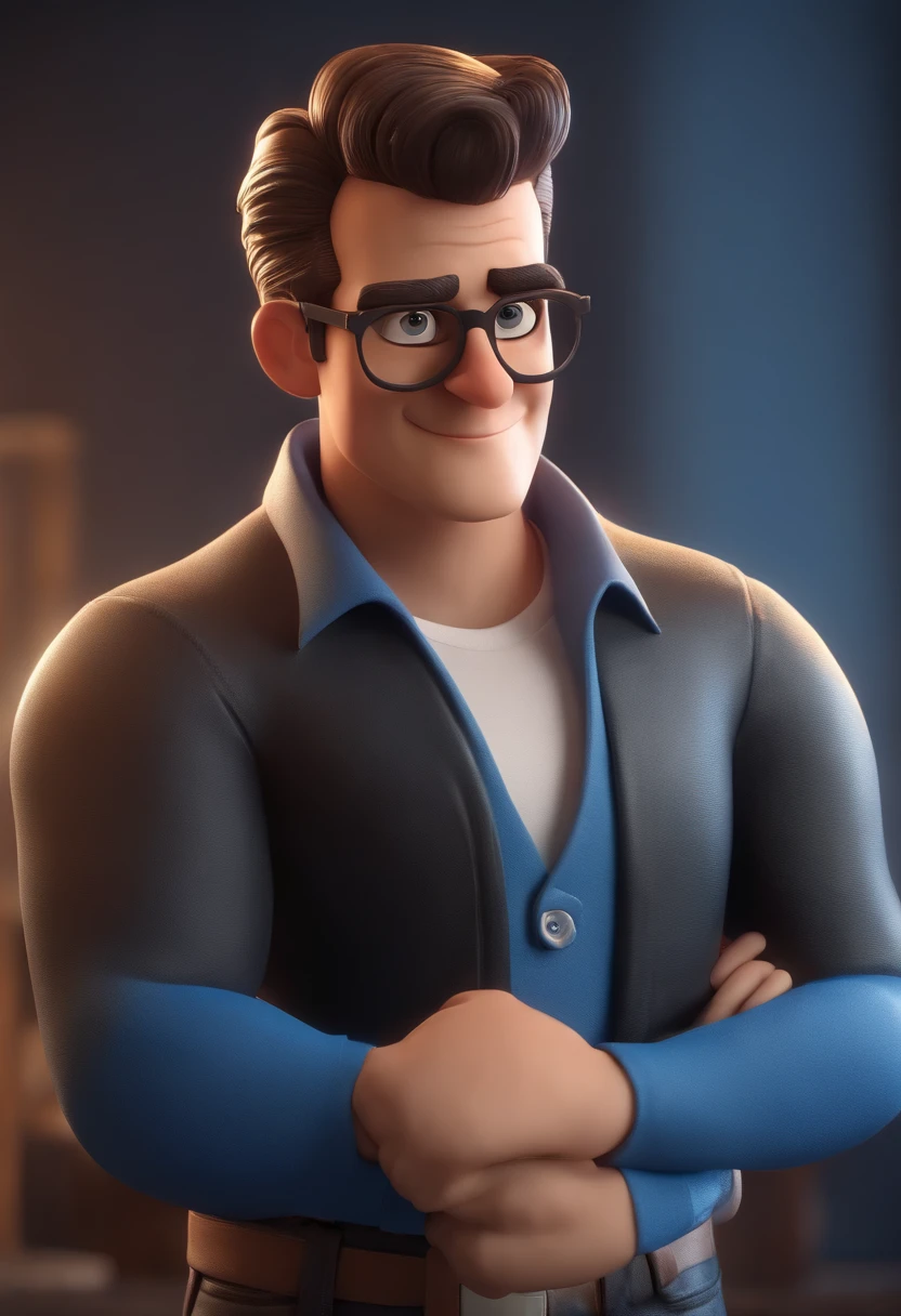 Cartoon character of a man wearing black glasses and a blue shirt, um personagem animado, Caractere estilizado, animation style rendering, 3D estilizado, Arnold Maya render, 3 d render stylized, toon render keyshot, Personagem 3D, Personagem 3D, 3d rendering stylized, 3 d character render, personagem de desenho animado, Personagem de close up, Pose de personagem, (Estilo Pixar) (master part:1.2) (Bokeh) (best quality) (pele detalhada) (textura detalhada) (8k) (argila) (Cinematic lighting) (foco nítido,Senta e vaza a parte superior do corpo