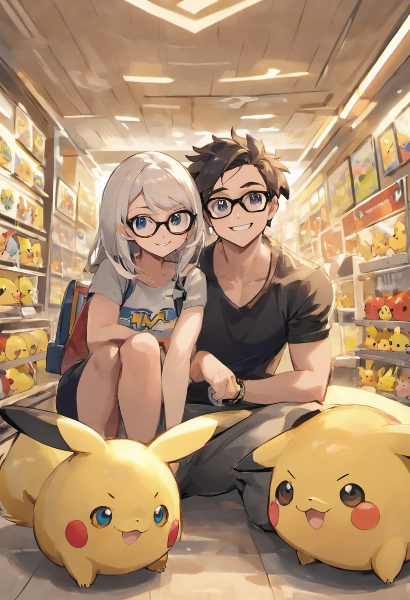 Um casal posando para uma foto em um banco, In front of a Pokémon gym, ela sorrindo com um rosto arredondado, Stylish black and white square glasses on the outside, cabelos ondulados castanho na raiz e loiro nas pontas. Ele com cabelo curto, preto, Rectangular glasses, cavanhaque com barba desenhada. Feliz, uma verdadeira obra de arte.