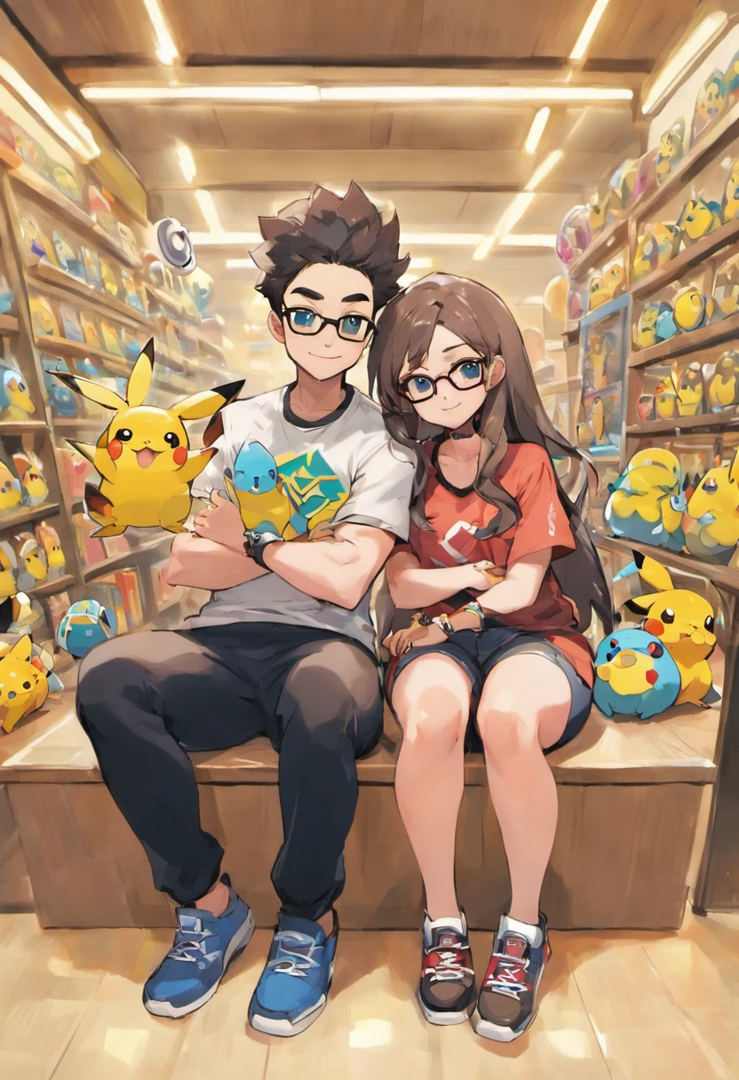 Um casal posando para uma foto em um banco, In front of a Pokémon gym, ela sorrindo com um rosto arredondado, Stylish black and white square glasses on the outside, cabelos ondulados castanho na raiz e loiro nas pontas. Ele com cabelo curto, preto, Rectangular glasses, cavanhaque com barba desenhada. Feliz, uma verdadeira obra de arte.