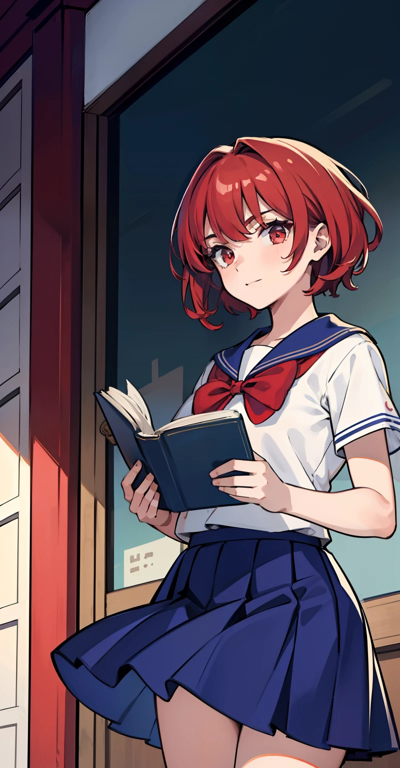 1girl, masterpiece, lady_nagant, short hair, red hair,  red eyes, happy,  Blue skirt, white sailor uniform, Reading a book