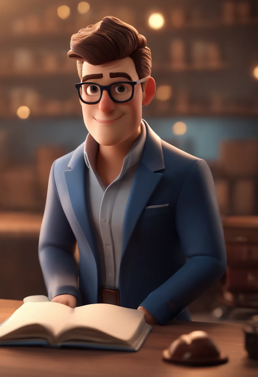 Cartoon character of a man wearing black glasses and a blue shirt, um personagem animado, Caractere estilizado, animation style rendering, 3D estilizado, Arnold Maya render, 3 d render stylized, toon render keyshot, Personagem 3D, Personagem 3D, 3d rendering stylized, 3 d character render, personagem de desenho animado, Personagem de close up, Pose de personagem, (Estilo Pixar) (master part:1.2) (Bokeh) (best quality) (pele detalhada) (textura detalhada) (8k) (argila) (Cinematic lighting) (foco nítido，Senta e vaza a parte superior do corpo, cantando em uma igreja, e moreno de cabelo preto