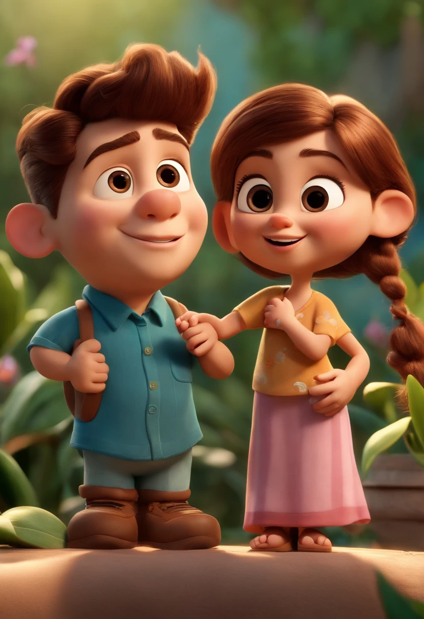 Create a Disney PIXAR-style 3D poster. ((centro da imagem, 2 pessoas)), ((1 homem no meio e 1 mulher ao lado, They're hugging each other, O tem pele castanha e cabelos castanhos escuros e olhos castanhos escuros, a meninaele clara, olhos azuis e cabelos loiros e cacheados)) ((tudo isso no estilo Disney PIXAR 3D, In the background, A house of with orchids and leaves Adam's rib leaves, Gloria Studio, The garden is full of nature 3D render RTX clay material, estilo de design cartunesco, POP Mart, soft lighting, linhas suaves, Spring tilt, Detailed illustrations of PIXAR 3D, Detalhes hiper-realistas, cor quente no estilo Disney PIXAR 3D))