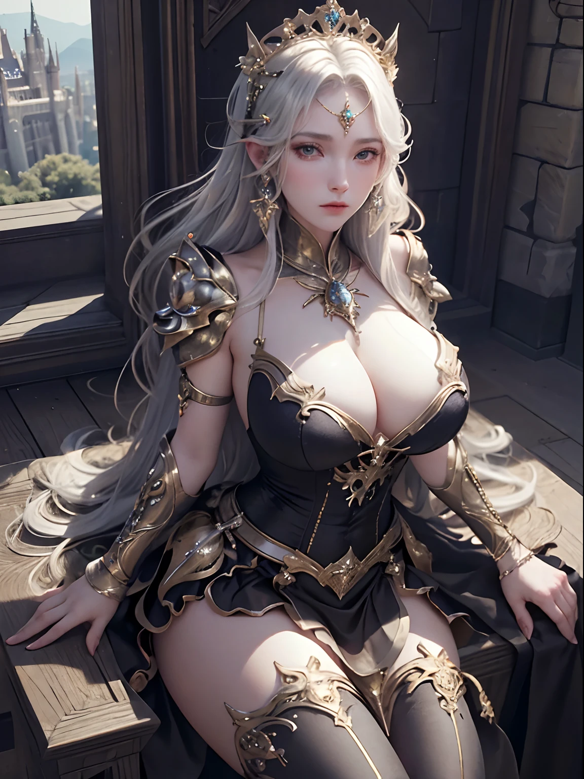 1women, huge tits, busty, masterpiece, 8k,semi-realistic,4k,RTX,shaders,brilliant texture work, view at camera, , cool face, beauty, hair ornamet, sitting on the throne, castle, mediavel theme, spread legs, skirt, panties, view from front,, nipples, pussy