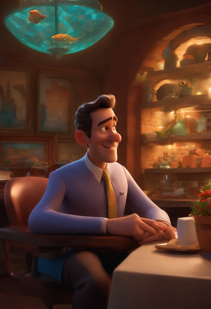 A city councilman looking at a dream project inspired by Pixar animation, de perto. The character takes center stage with captivating facial expressions, oferecendo um toque de irrealidade