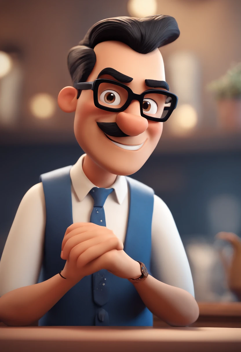Cartoon character of a man in black glasses and blue shirt, an animated character, Stylized character, animation style rendering, 3D stylized, on white background Arnold Maya render, 3 d stylized render, toon render keyshot, 3D Character, 3D Character, 3d rendering stylized, 3 d character render, cartoon character, Close up character, Character pose, (Pixar style) (master part:1.2) (Bokeh) (best quality) (detailed skin) (detailed texture) (8k ) (clay) (Cinematic lighting) (sharp focus,Sits and leaks the upper body