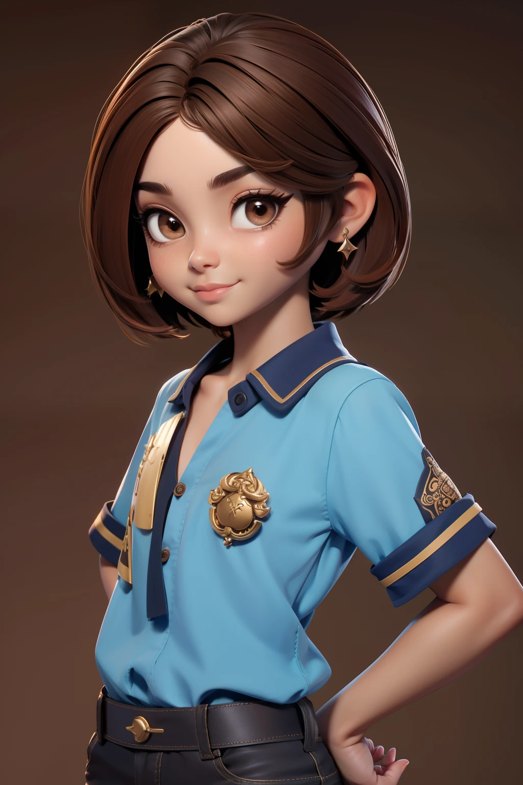 master part, best quality, 1st grade, olhos castanho escuros, pele escura, brown hair, cabelos ondulados, short hair, Brincos, jewelries, pirata, Camisa comprida, fundo simples, sozinho, parte superior do corpo