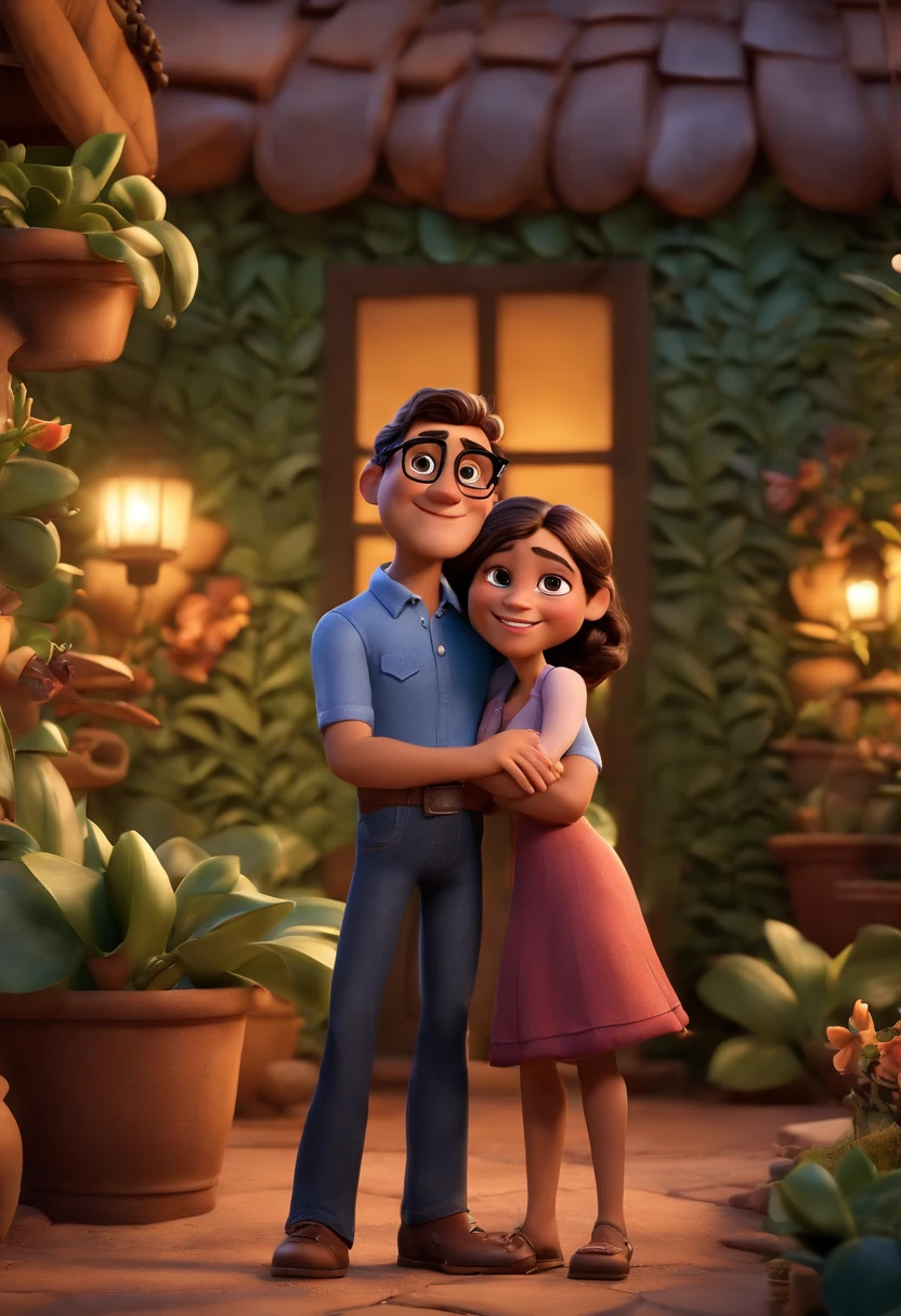 Create a Disney PIXAR-style 3D poster. ((centro da imagem, 2 pessoas)), ((1 homem no meio e 1 mulher ao lado, They're hugging each other, The man has brown skin and dark black hair and dark brown eyes with round glasses, a tem pele clara, olhos azuis e cabelos loiros claros, amarelados e cacheados)) ((tudo isso no estilo Disney PIXAR 3D, In the background, A house of with orchids and leaves Adam's rib leaves, Gloria Studio, The garden is full of nature 3D render RTX clay material, estilo de design cartunesco, POP Mart, soft lighting, linhas suaves, Spring tilt, Detailed illustrations of PIXAR 3D, Detalhes hiper-realistas, cor quente no estilo Disney PIXAR 3D)) ((cores azul e roxa))