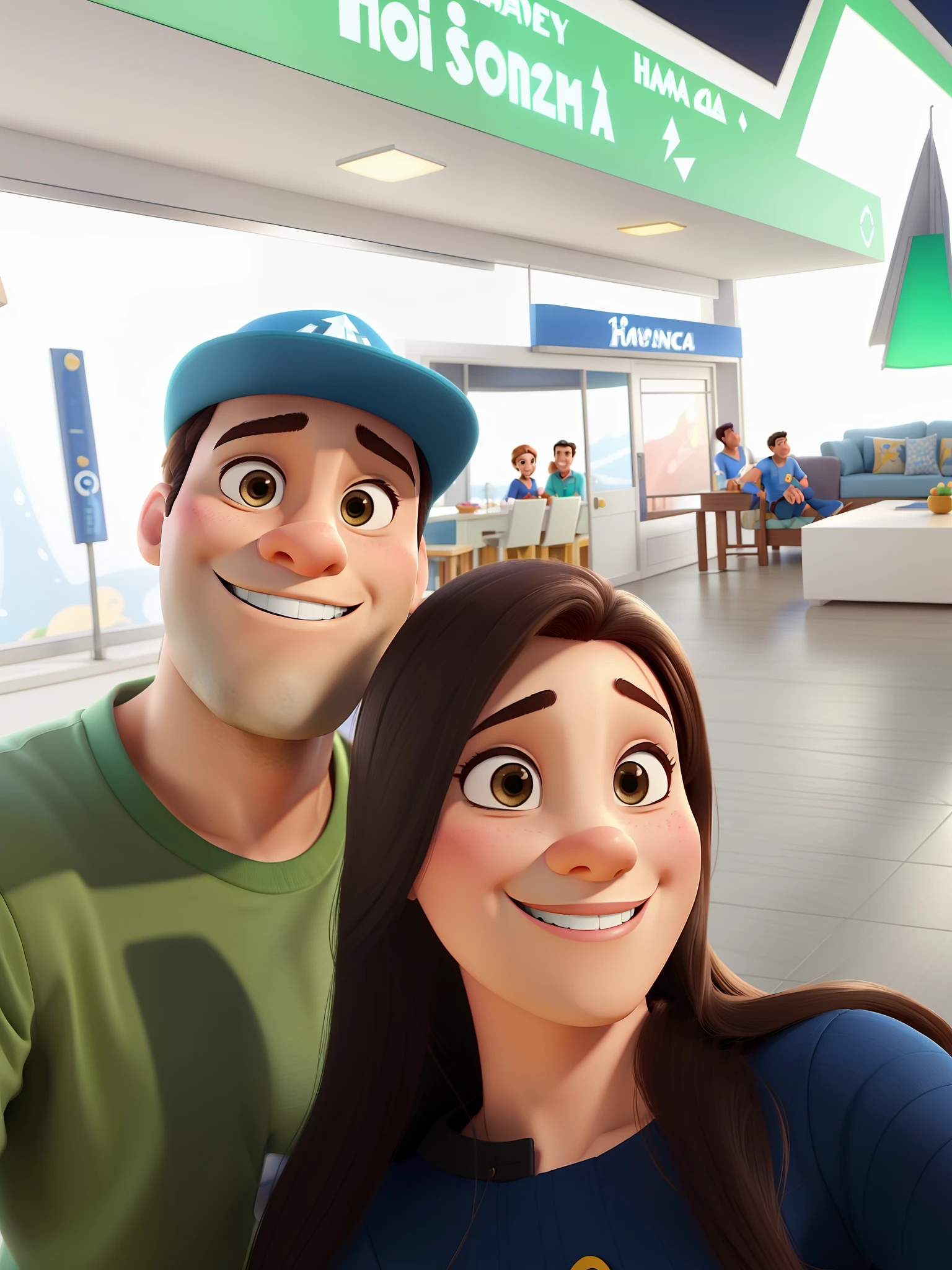 Casal (homem branco e mulher branca) no estilo Disney Pixar, alta qualidade, melhor qualidade, feliz e sorrindo