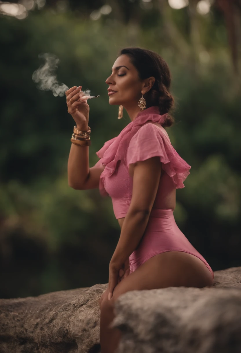 Retrato de um pai fumando cachimbo rosa e vestindo bikini