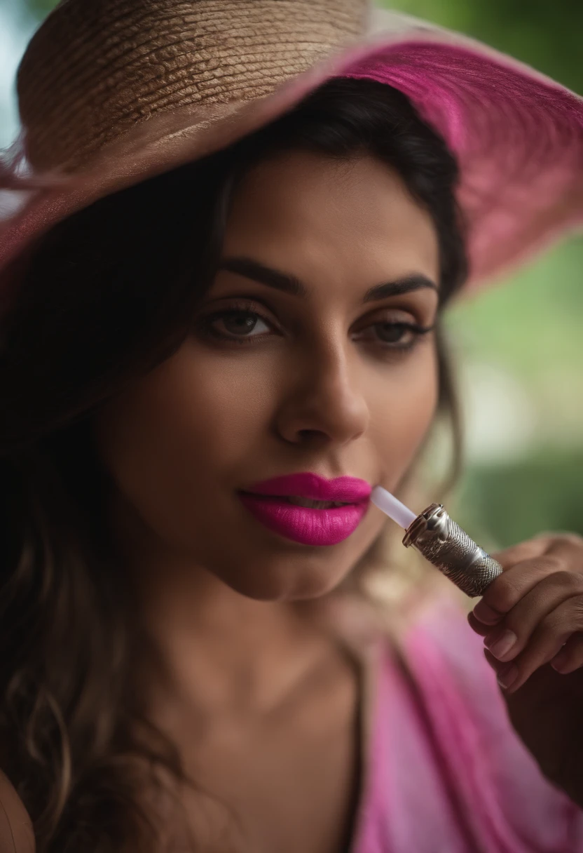 Retrato de um pai fumando cachimbo rosa e vestindo bikini
