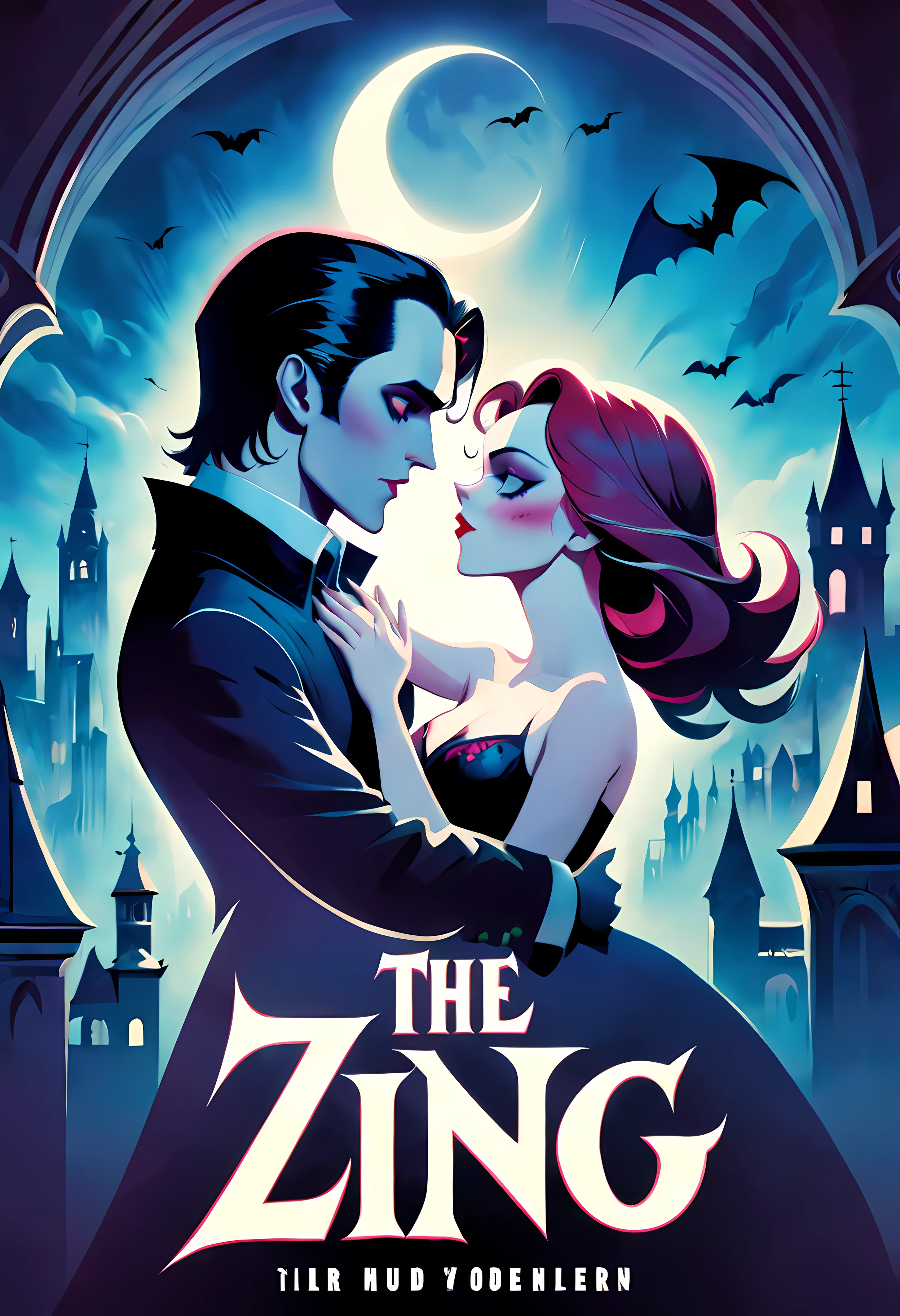 Movie Poster - The poster for "Zing" captures the essence of forbidden love between a vampire couple entangled in a passionate kiss. Set against a backdrop of moonlit Gothic architecture their embrace exudes both desire and danger. The vampire's pale skin contrasts vividly with their partner's warm human-like complexion symbolizing the contrasting worlds they inhabit. As their lips meet a faint glow emanates revealing not just the intensity of their love but also the supernatural energy they possess. The poster captures this magical moment captivating viewers with a mix of romance, mystery and a hint of darkness. The typography for "Zing" is bold and elegant with a touch of gothic flair. It intertwines seamlessly with the poster's design exuding an air of mystery and allure. The title stands out prominently drawing attention to the film's unique blend of love and vampiric intrigue.