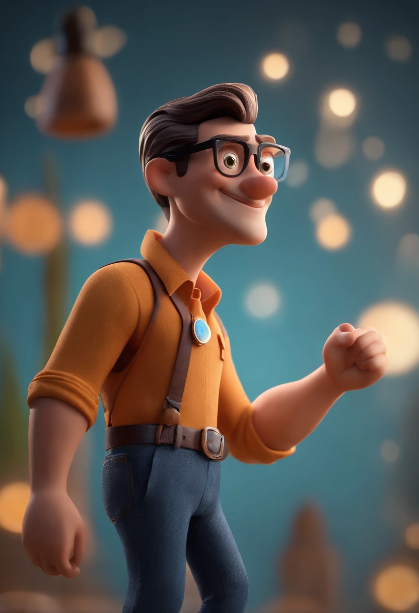 Cartoon character of a man with black glasses and a blue shirt, animation character, Caractere estilizado, animation style rendering, 3D estilizado, Arnold Maya render, 3 d render stylized, toon render keyshot, Personagem 3D, Personagem 3D, 3d rendering stylized, 3 d character render, personagem de desenho animado, Personagem de close up, Pose de personagem, (Estilo Pixar) (master part:1.2) (Bokeh) (best quality) (pele detalhada) (textura detalhada) (8k) (argila) (Cinematic lighting) (foco nítido