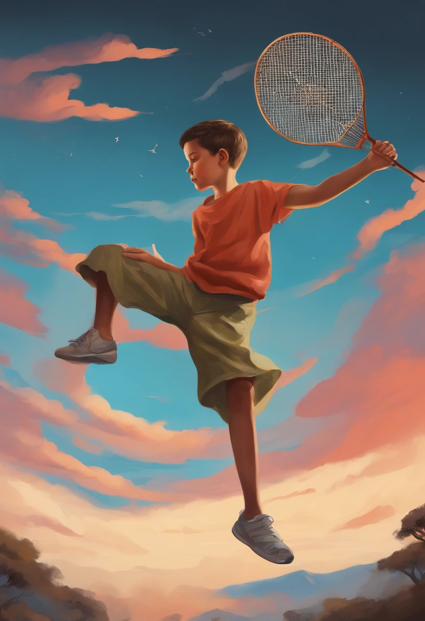 create a drawing of a boy with a fan flying