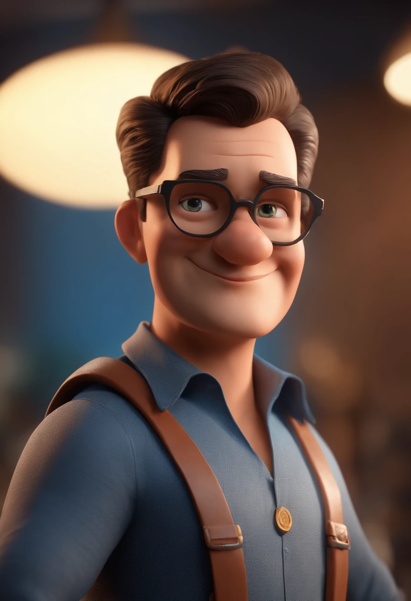 Cartoon character of a man with black glasses and a blue shirt, animation character, Caractere estilizado, animation style rendering, 3D estilizado, Arnold Maya render, 3 d render stylized, toon render keyshot, Personagem 3D, Personagem 3D, 3d rendering stylized, 3 d character render, personagem de desenho animado, Personagem de close up, Pose de personagem,  (Estilo Pixar) (master part:1.2) (Bokeh) (best quality) (pele detalhada) (textura detalhada) (8k) (argila) (Cinematic lighting) (foco nítido