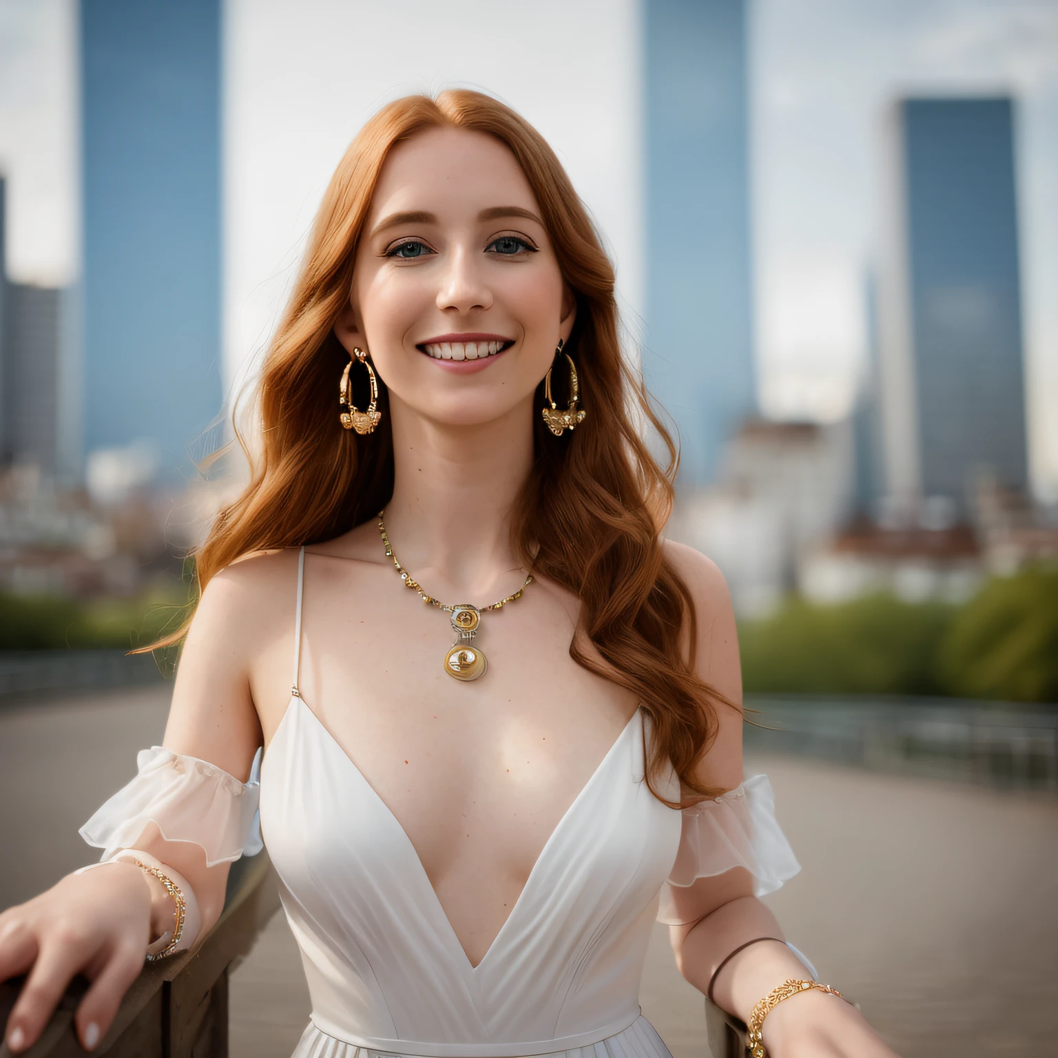 masterpiece, best quality, highres, (photorealistic:1.4), earrings, (depth of field:1.8), beautiful 22yo  woman, thigh gap, 
1 girl, ginger hair, long hair,  pale skin, german, smileing,feminine physique,(solo:1.1), nice sexy dress, bare shoulder, cleavage, elbow gloves,  (looking at viewer:1.2), (smile:1.2), (full body:1.), (in the city:1.5), large breast,
(8k, cinematic composition, photorealistic, sharp focus), elaborate background, cinematic, rule of thirds,