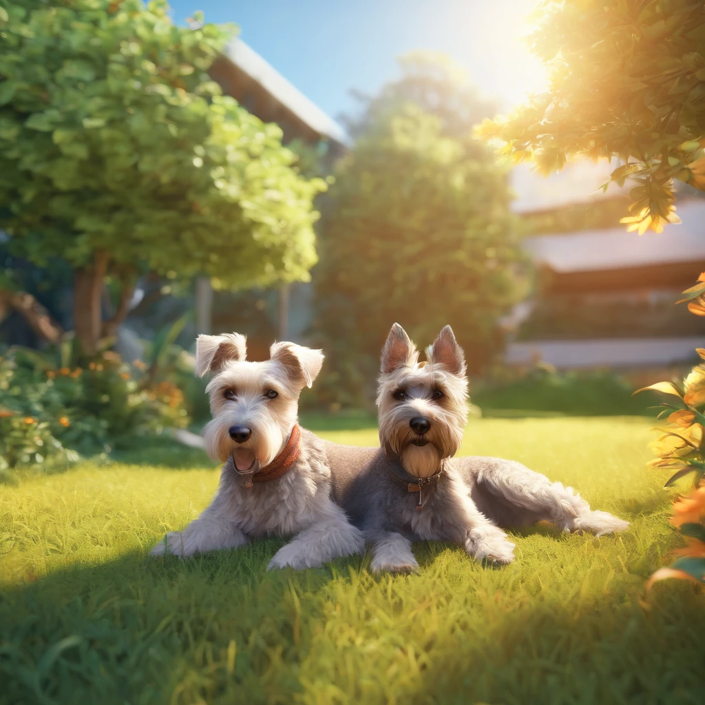 (best quality,realistic),Lucas,smiling face,-yeld boarden,Bolt,schnauzer dog,laying down,warm sunlight,detailed eyes,detailed lips,boy's messy hair,fine grass texture,greenery,nature surroundings,midday light,playful atmosphere,happy expressions,close bond,relaxed posture,peaceful ambiance,carefree moment,vivid colors,lush vegetation,blissful companionship,gentle breeze,serene setting