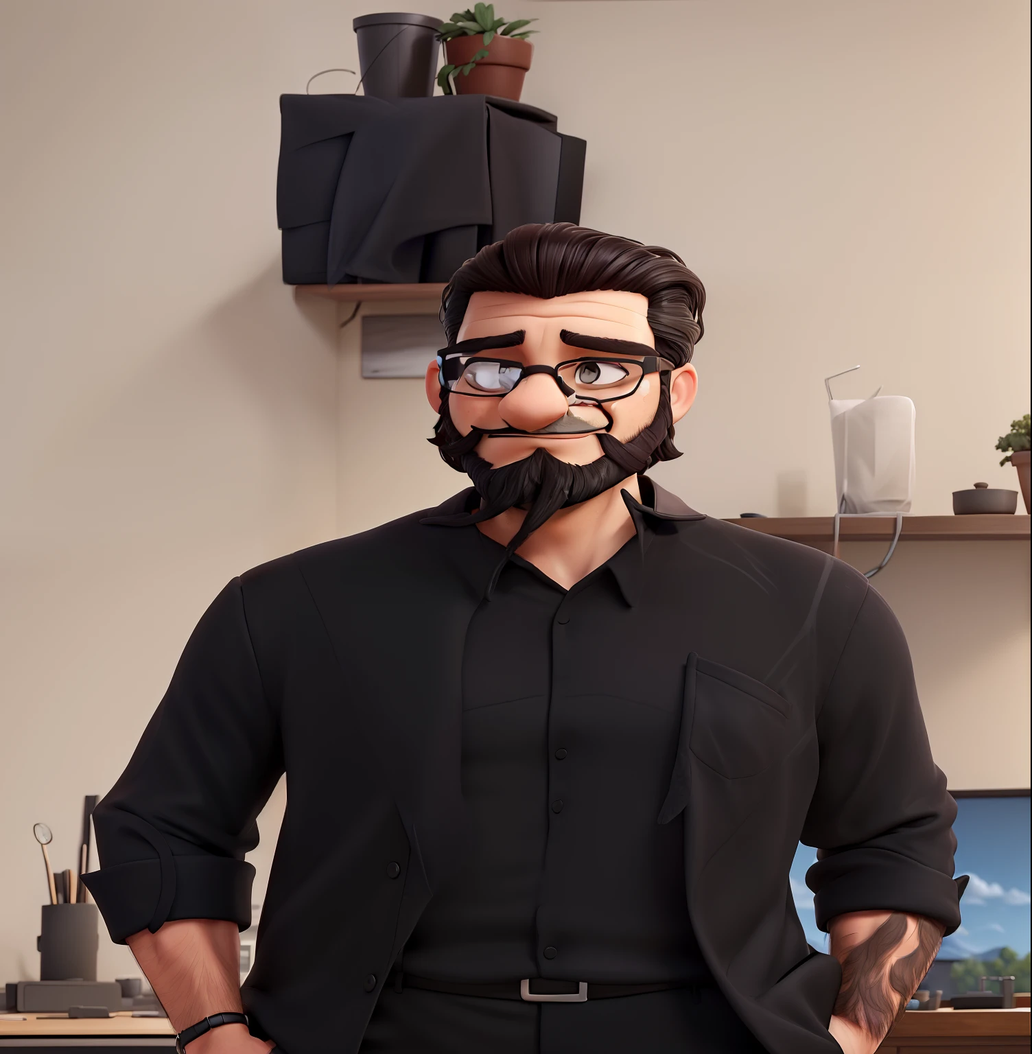 Washington dressed in a black shirt and black pants, with the landscape in the background being your gaming office. The beard strands are beautiful and your beard is full all over your face, Washington has black glasses on his face. Sombrancelha normal, The background landscape wall is gray with a few shelves with anime figures and potted plants, Side-slicked hair and dark brown eyes with no imperfections and no wrinkles