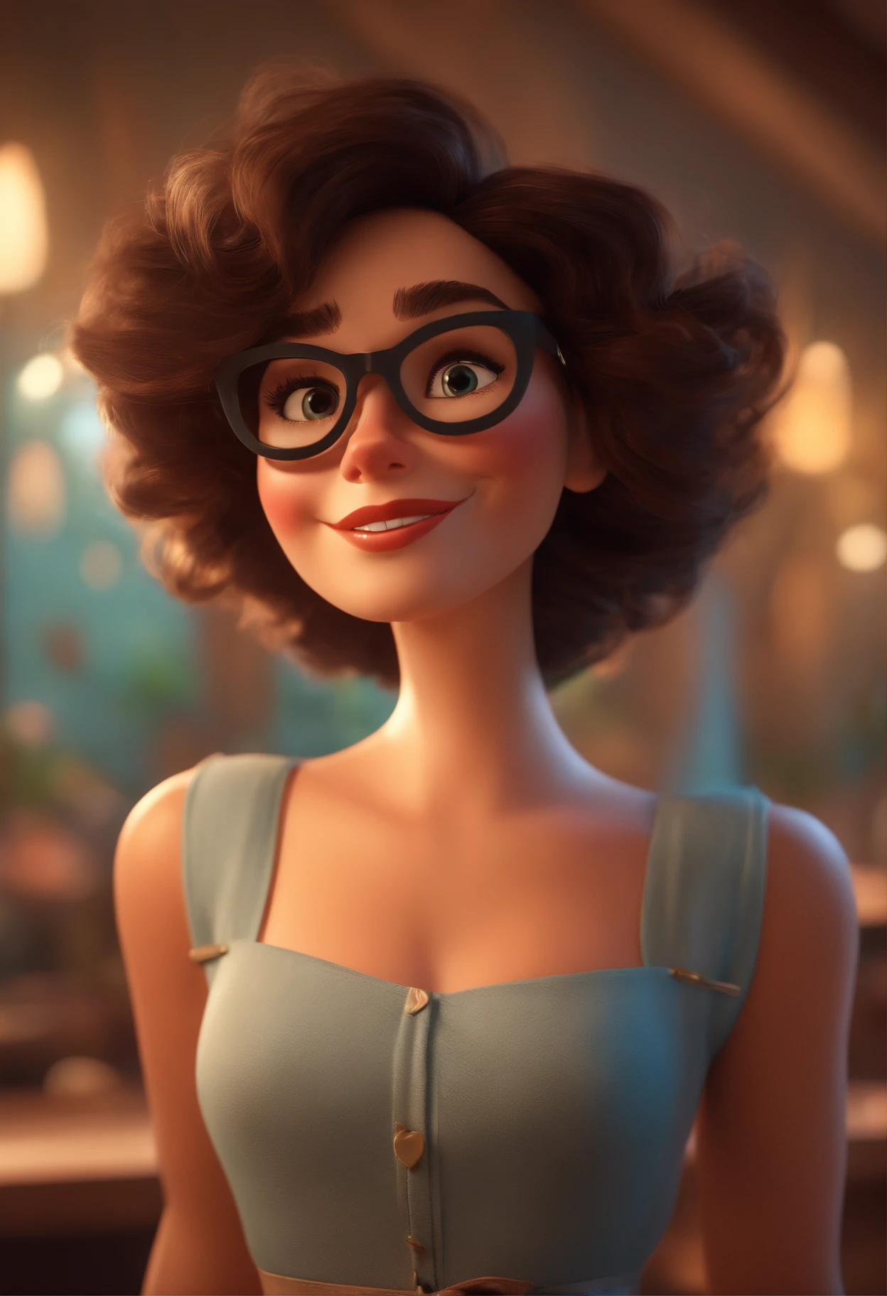 Pixar style image with 3D character white glasses brunette woman short curly hair dancing, Maquiagem Disney,Pescador, bonitinho, sorridente ,Close-up, Pixar, Disney, Cinema lighting,