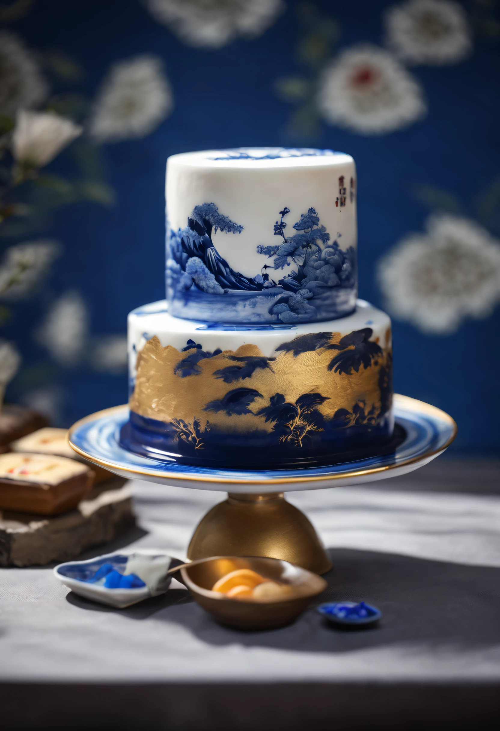 (A cake on a plate) ,Blue and white design, cake art, Blue, White and gold, Jelly cake, Blue and white clothes, Chinese style, chinese blue and white porcelain, cake sculpture, Chinese traditional,ancient chinese ornate, Background: Dark blue,close up photograph,Photography,a beautiful painting by Tan Yin,Alphonse Mucha,Ukiyo-e art,Palette knife painting,Masterpiece,Chinese painting,dripping paint,author:nobuyoshi araki, author:paul barson,Mellow Atmosphere,Calm atmosphere,Depth of field (degrees of freedom),Close up,gentle illumination, --AR 9:16 --style raw --upbeta3D rendering
