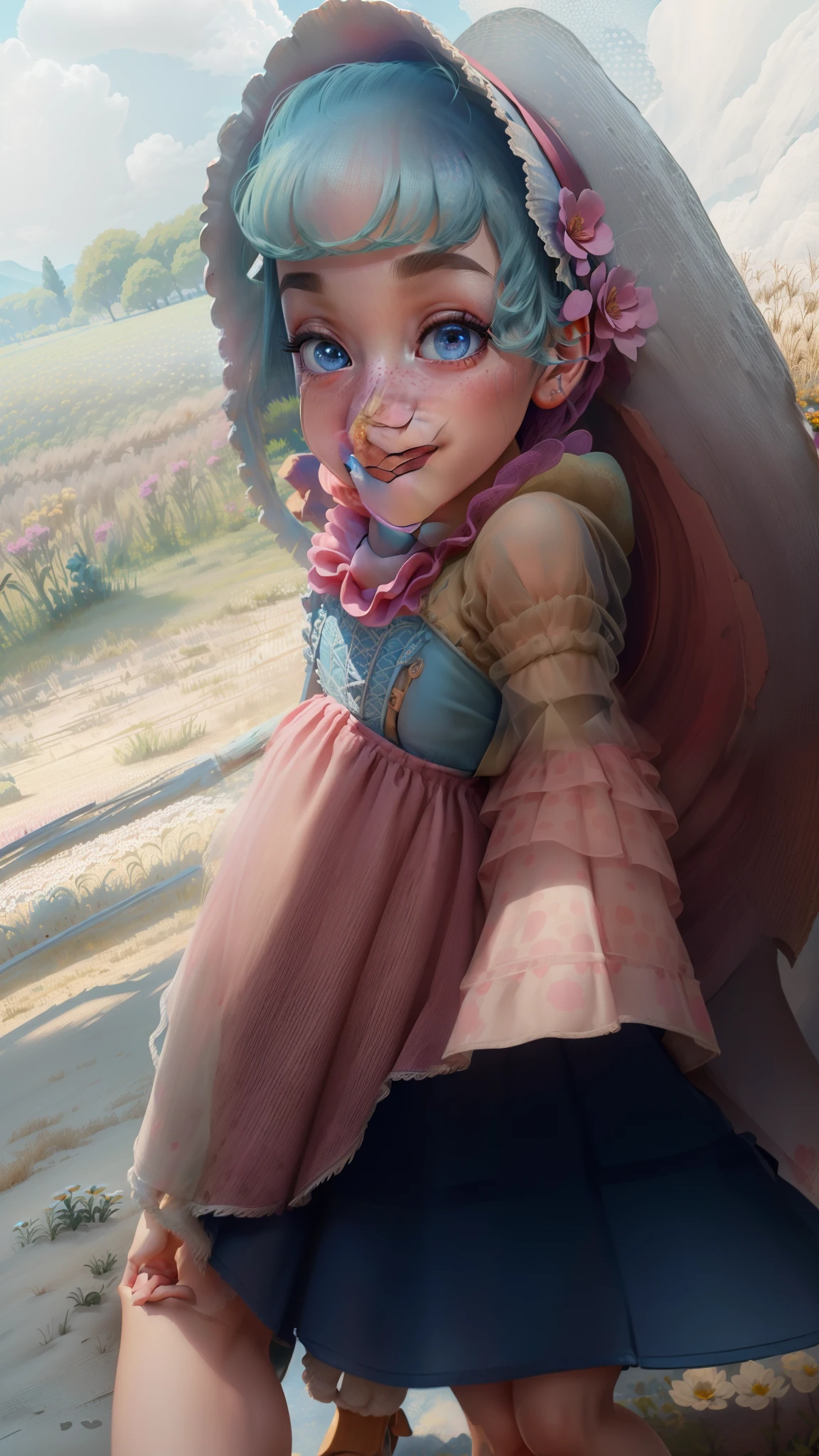(BoPeepWaifu:1), smile, cute, cute pose, looking at viewer, thick thighs, :D, (pink dress, long skirt, polka dot, headwear:1.2), from above,
(realistic:1.2), (realism), (masterpiece:1.2), (best quality), (ultra detailed), (8k, 4k, intricate),(full-body-shot:1),(Cowboy-shot:1.2), (85mm),light particles, lighting, (highly detailed:1.2),(detailed face:1.2), (gradients), sfw, colorful,(detailed eyes:1.2),
(detailed ladscape, farm, fence, plants, flowers, sheeps:1.2),(detailed background),detailed landscape, (dynamic angle:1.2), (dynamic pose:1.2), (rule of third_composition:1.3), (Line of action:1.2), wide shot, daylight, solo,