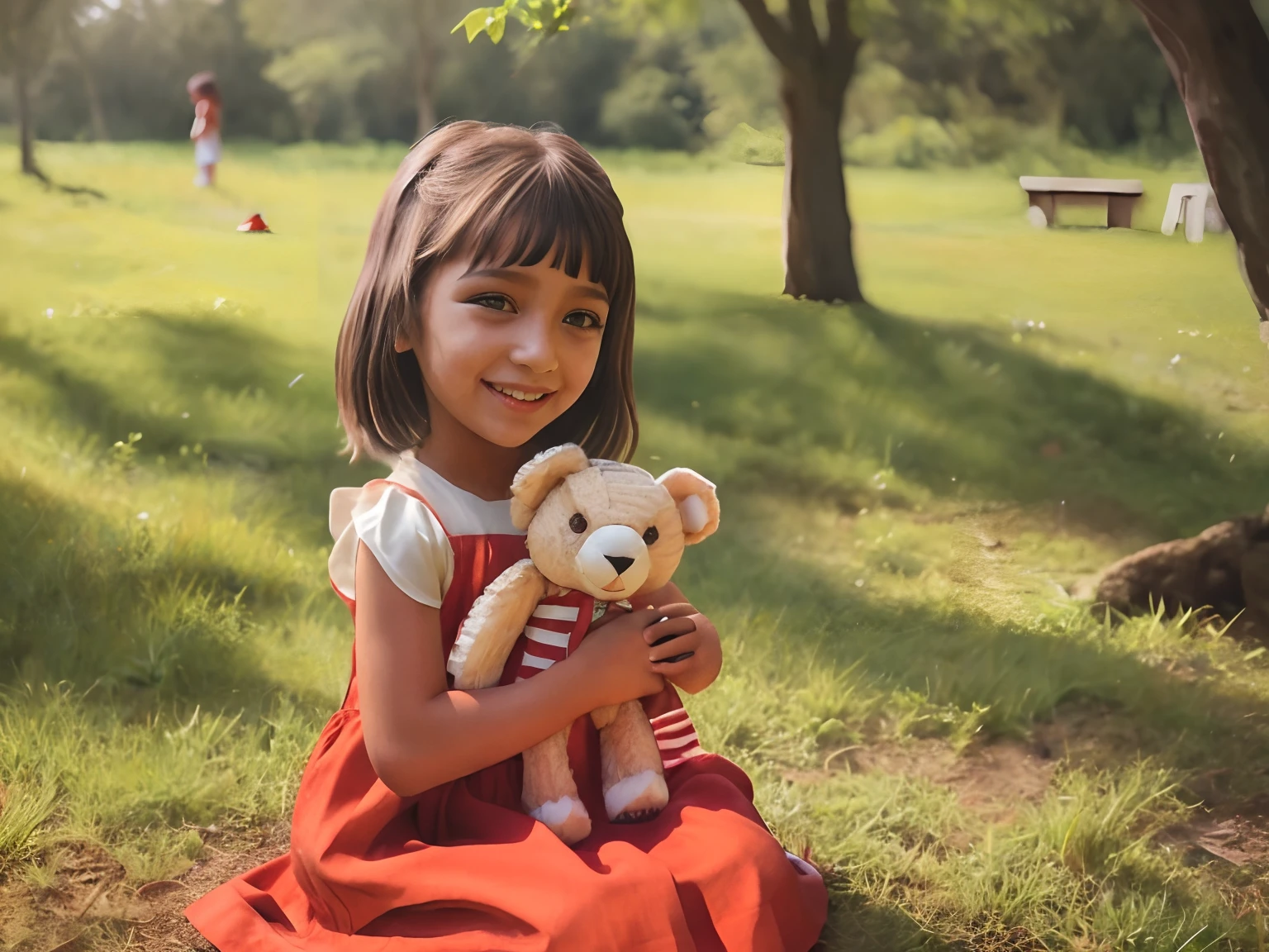 There's a girl holding a teddy bear in a park, plushie photography, Foto tirada com Canon 5D, Tirada com Canon EOS 5 D Mark IV, Foto tirada com Nikon D 7 5 0, Foto tirada com Nikon D750, Tiro na Nikon Z9, garotada, 8k 50mm iso 10, sorrindo como uma rainha de fadas