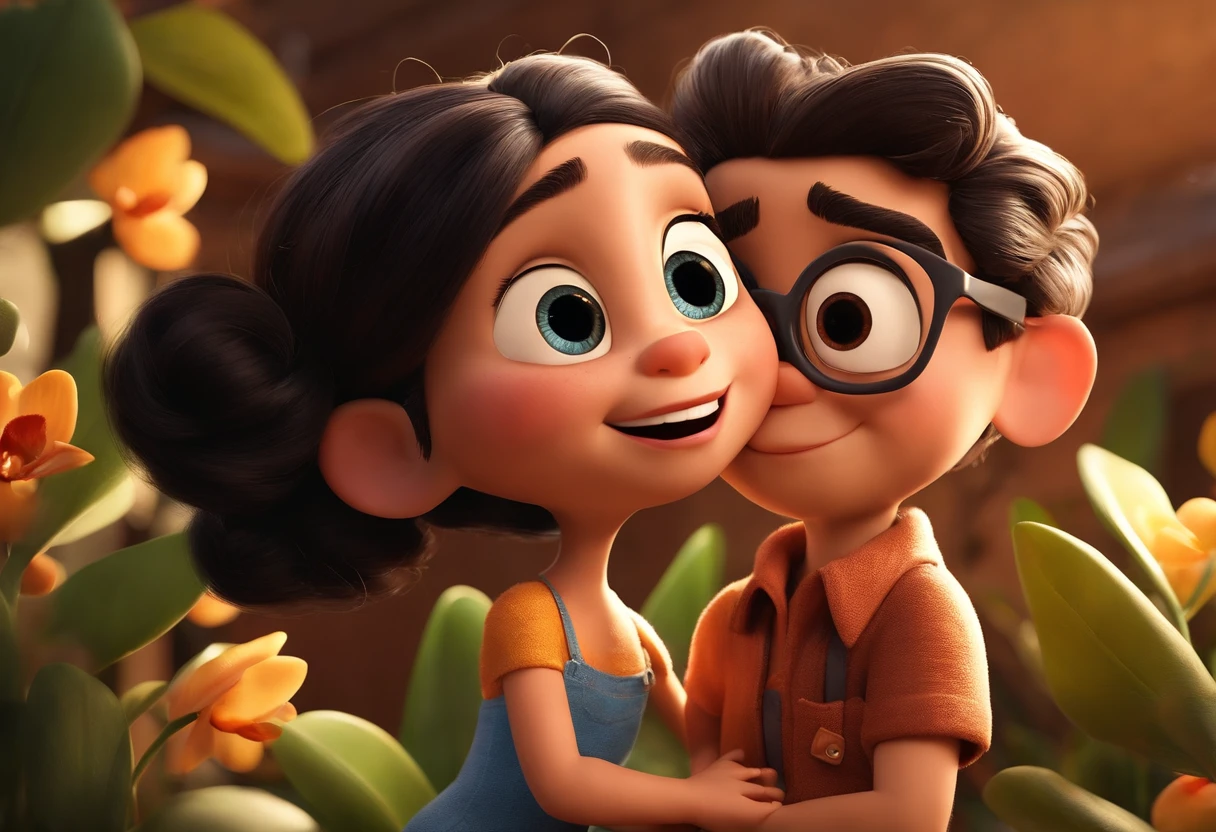 Create a Disney PIXAR-style 3D poster. ((centro da imagem, 2 pessoas)), ((1 homem no meio e 1 mulher ao lado, They're hugging each other, The man has brown skin and dark black hair and dark brown eyes with round glasses, A menina tem pele clara, olhos azuis e cabelos muito loiros claros, amarelados e cacheados)) ((tudo isso no estilo Disney PIXAR 3D, In the background, A house of with orchids and leaves of Adam's rib leaves, Gloria Studio, The garden is full of nature 3D render RTX clay material, estilo de design cartunesco, POP Mart, soft lighting, linhas suaves, Spring tilt, Detailed illustrations of PIXAR 3D, Detalhes hiper-realistas, cor quente no estilo Disney PIXAR 3D)) ((cores azul e roxa))