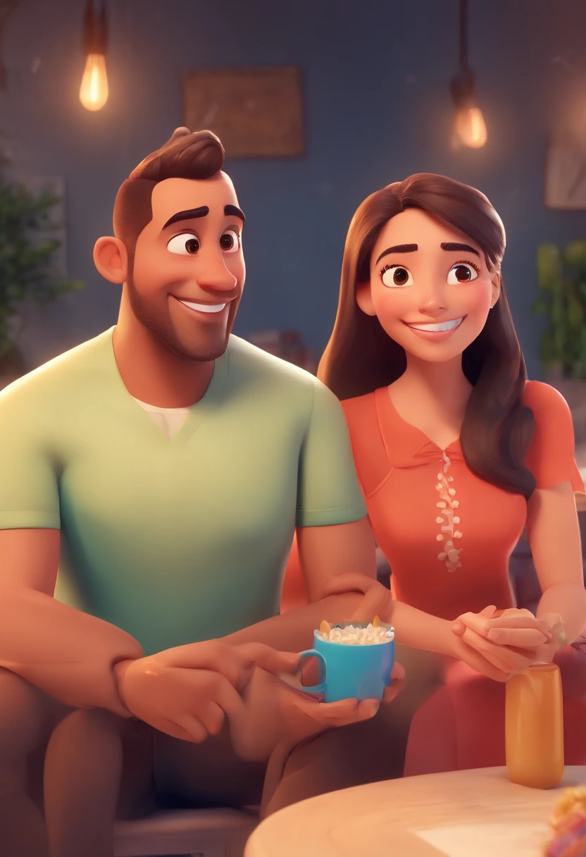 An illustration of an adorable couple, Highlight for a smiling slim brown man and a brown woman with beautiful expressive eyes - the man's skin is brown and the man's hair is low, while the woman's skin is brown and the woman's hair is curly and brown. They are a bright room, cada um com um sorriso no rosto, e compartilhar um momento especial caracterizado pelo amor, Insights. Illustrate this scene from a perspective where they are facing the camera, Smiling and Showing Your Connection. Desenvolva esta arte em Full HD, Focus on your cinematic touch, Estilo Disney Pixar Animations