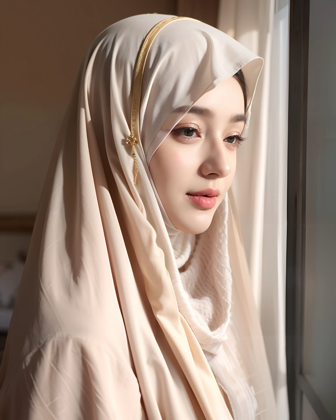 there is a arabic woman wearing a hijab smile looking out a window, hijab, veiled, white hijab, veiled face, beautiful delicate face, very beautiful girl, lovely delicate face, pale-skinned persian girl, beautiful, beautiful arab woman, high quality portrait, portait photo profile picture, traditional beauty, very extremely beautiful, muslim, beautifully, beautiful girl, beautiful image