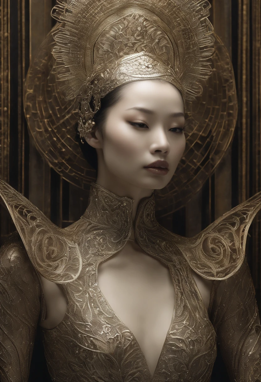 A mid-twentieth-old Japanese female portrait photograph made of white and silver transparent glass and plastic, maquiagem de gueixa, Penteado preto, Mecanismos internos do corpo do metal de prata e ouro, dynamic pose, Organic building flowing, gravura detalhada, Desenhos de rendas, Circuito dourado brilhante, acabamento neon colorido, gravura detalhada, Desenhos de rendas, circuitos brilhantes, neon trim, arte por H.r. Giger, Greg rutowski