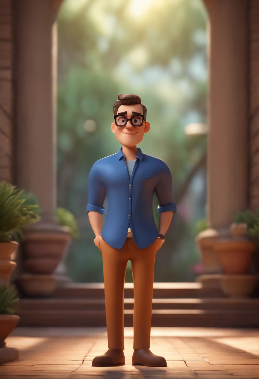 Cartoon character of a man wearing black glasses and a blue shirt, um personagem animado, Caractere estilizado, animation style rendering, 3D estilizado, Arnold Maya render, 3 d render stylized, toon render keyshot, Personagem 3D, Personagem 3D, 3d rendering stylized, 3 d character render, personagem de desenho animado, Personagem de close up, Pose de personagem, (Estilo Pixar) (master part:1.2) (Bokeh) (best quality) (pele detalhada) (textura detalhada) (8k) (argila) (Cinematic lighting) (foco nítido,Senta e vaza a parte superior do corpo