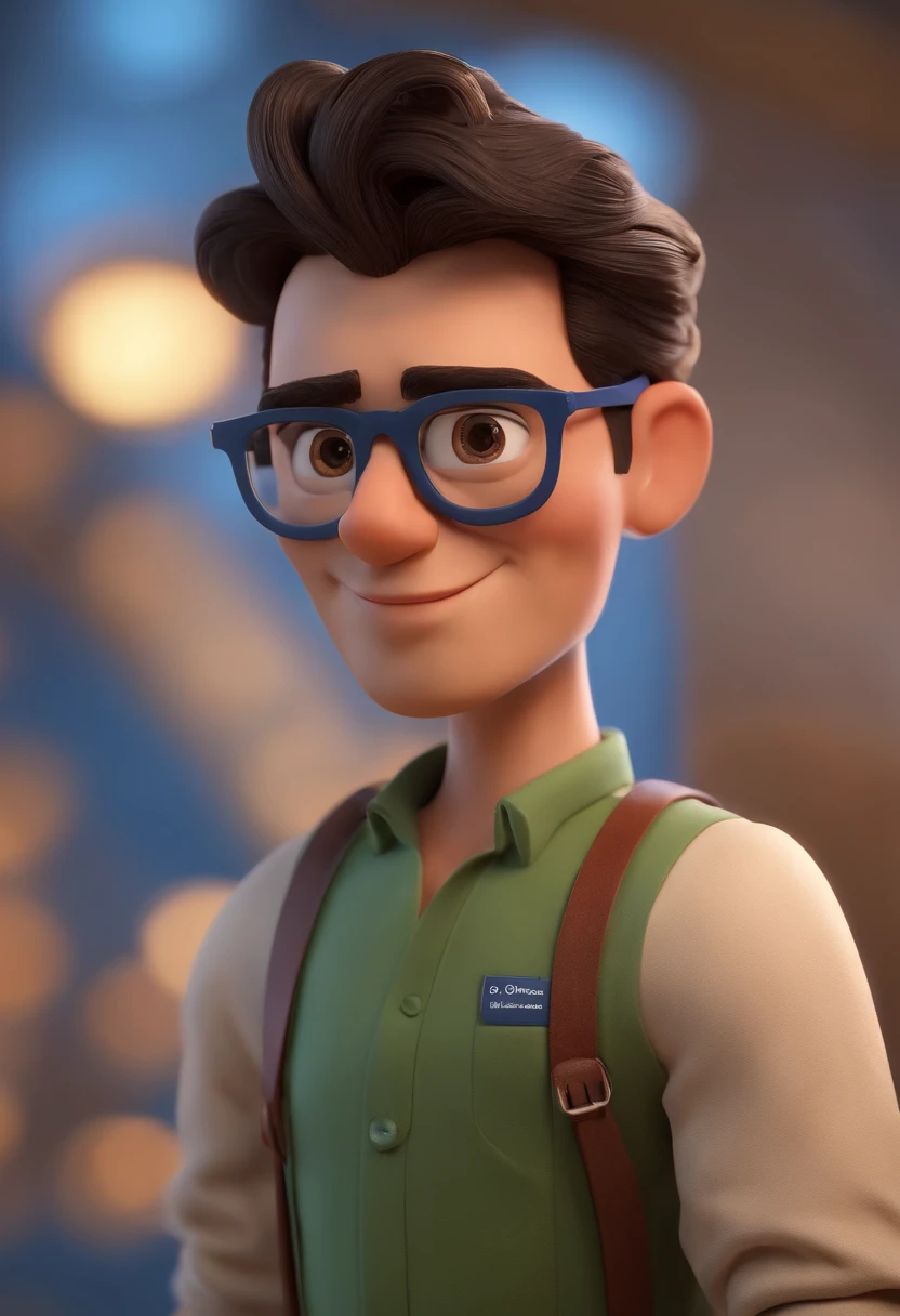 Cartoon character of a man wearing black glasses and a blue shirt, um personagem animado, Caractere estilizado, animation style rendering, 3D estilizado, Arnold Maya render, 3 d render stylized, toon render keyshot, Personagem 3D, Personagem 3D, 3d rendering stylized, 3 d character render, personagem de desenho animado, Personagem de close up, Pose de personagem, (Estilo Pixar) (master part:1.2) (Bokeh) (best quality) (pele detalhada) (textura detalhada) (8k) (argila) (Cinematic lighting) (foco nítido，Senta e vaza a parte superior do corpo