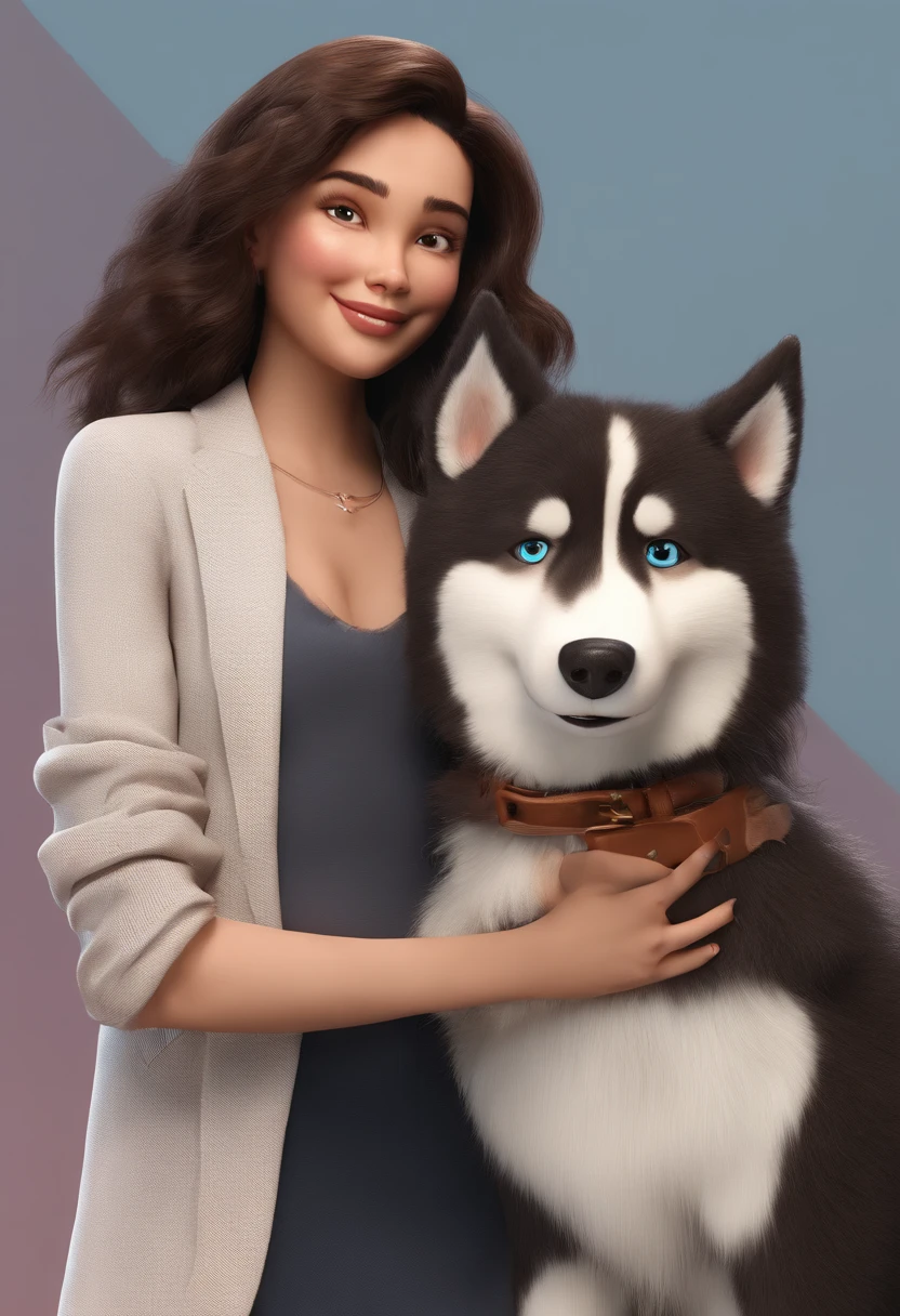 Estilo Pixar: mulher adulta cabelo preto, Hugging your furry brown and white Siberian husky dog