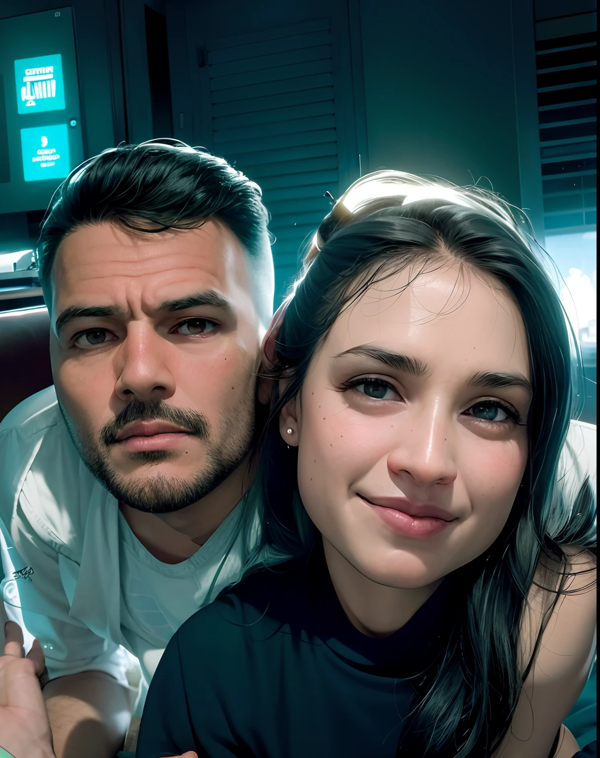 there is a man and a woman sitting together at a table, by Nándor Katona, profile picture, avatar image, happy couple, lovely couple, couple, night, 4k, aurora boreau, shooting star, stars, anime art style, (colorful) colorful realistic animation art, madara magenkyo sharingan eyes, naruto shippuden style