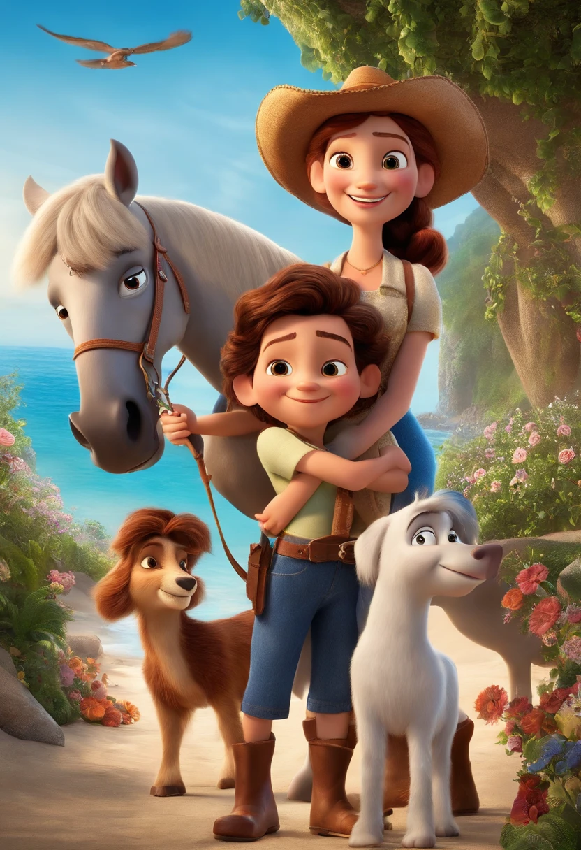 a Disney Pixar movie poster showing a white-skinned family. The father is the tallest, Tem barba curta, loiro, cabelos curtos e espinhosos. The mother has brown eyes and hair, shoulder-length and is slightly overweight. A tem 4 anos e cabelos castanhos, roupa rosa e rabos de cavalo. The background is a beach garden. 3D-rendering