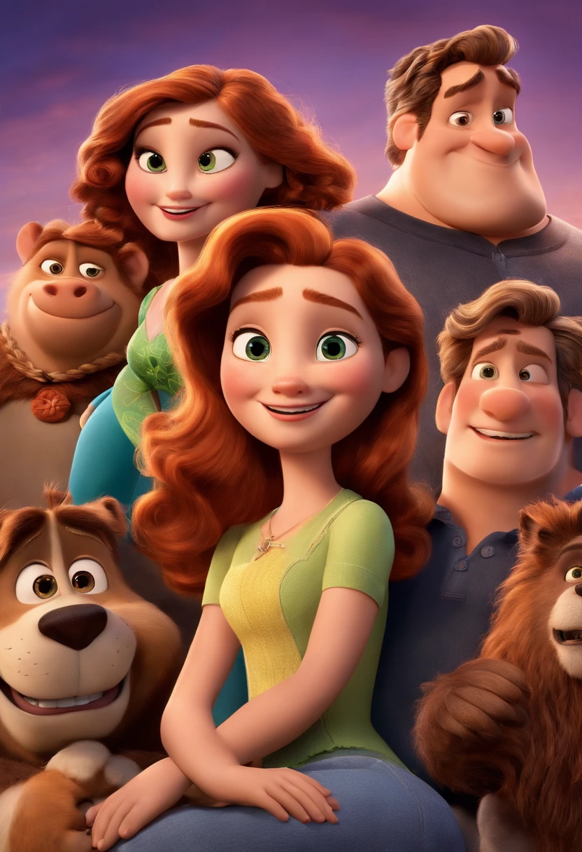 a Disney Pixar movie poster showing a white-skinned family. The father is the tallest, Tem barba curta, loiro, cabelos curtos e espinhosos. The mother has brown eyes and hair, shoulder-length and is slightly overweight. A menina tem 4 anos e cabelos castanhos, roupa rosa e rabos de cavalo. The background is a beach garden. 3D-rendering