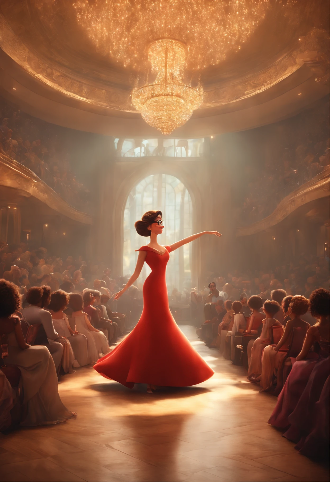 "(best quality,ultra-detalhado,Realistic:1.37),3D rendering,illustration,design de personagens,cabelos curtos e cacheados escuros,belos olhos detalhados,wearing white glasses,Estilo Pixar,morena mulher,Dancing on the Disney stage,atmosfera animada,vivid colors,luzes de palco,expression joyful"