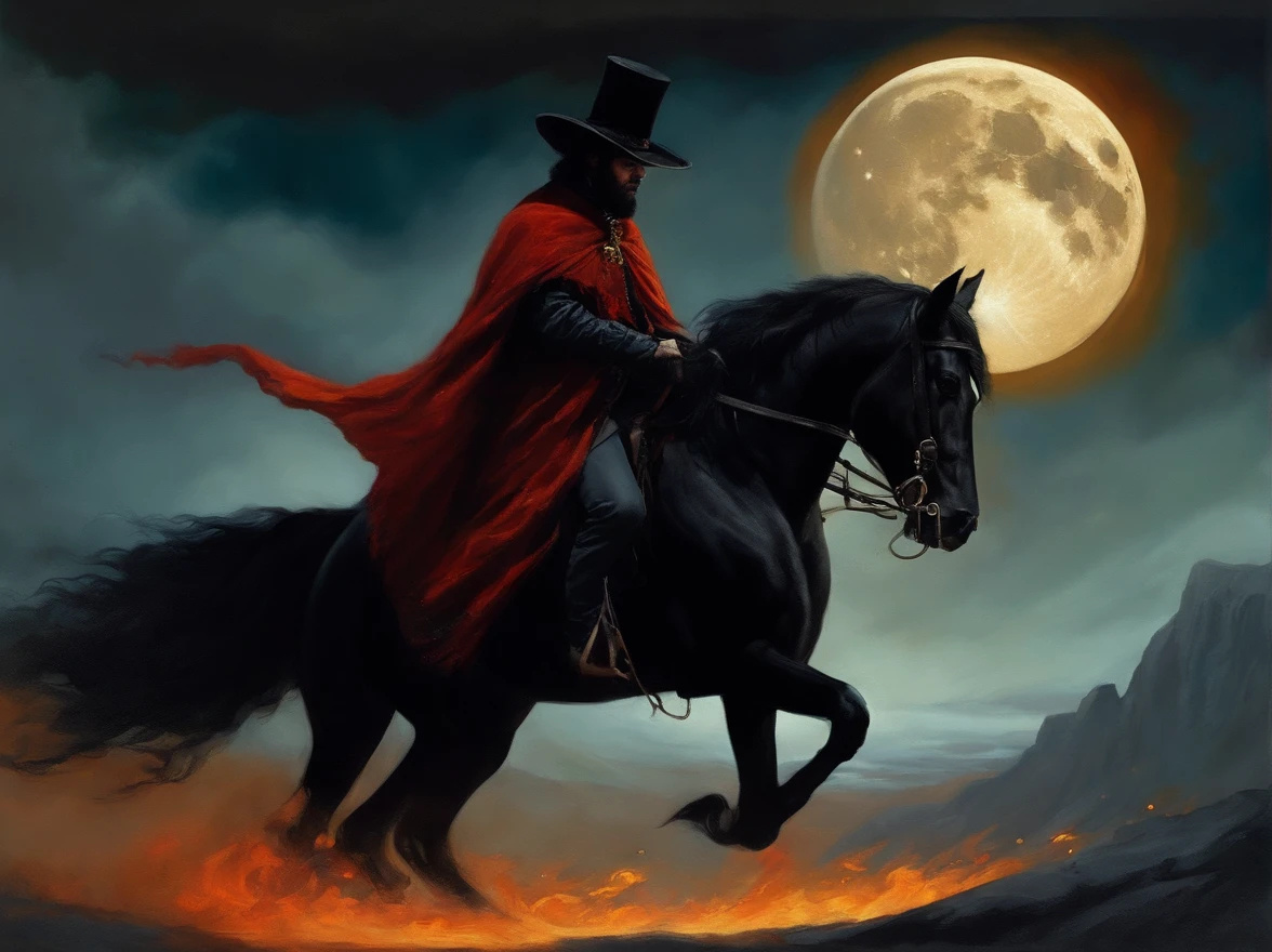 "Man with a big black hat, a wide black cloak, wearing black clothes, with flaming eyes, riding a black horse with fiery eyes, on the moon."
