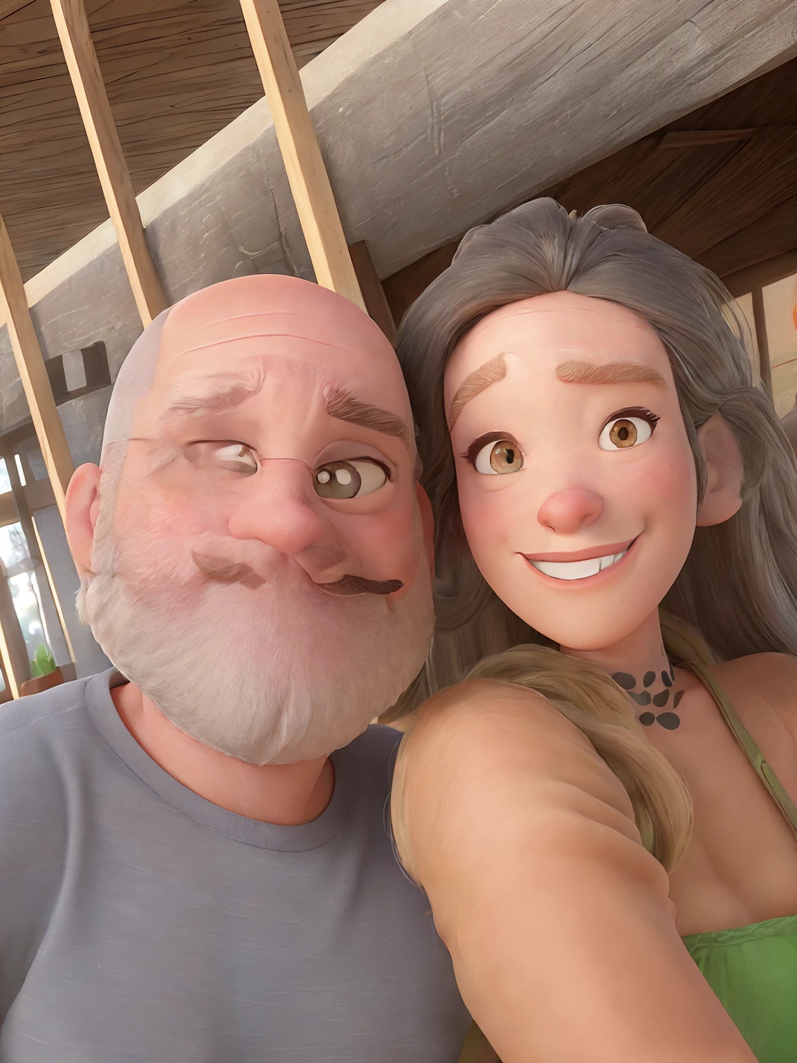 Pixar style couple. output in high resolutions. Male is bald and has both beard and moustache with a mix of grey and black hair. The male nose is thin.  Woman has a blonde long hair with a beautiful smile and thick lips. Both are white.