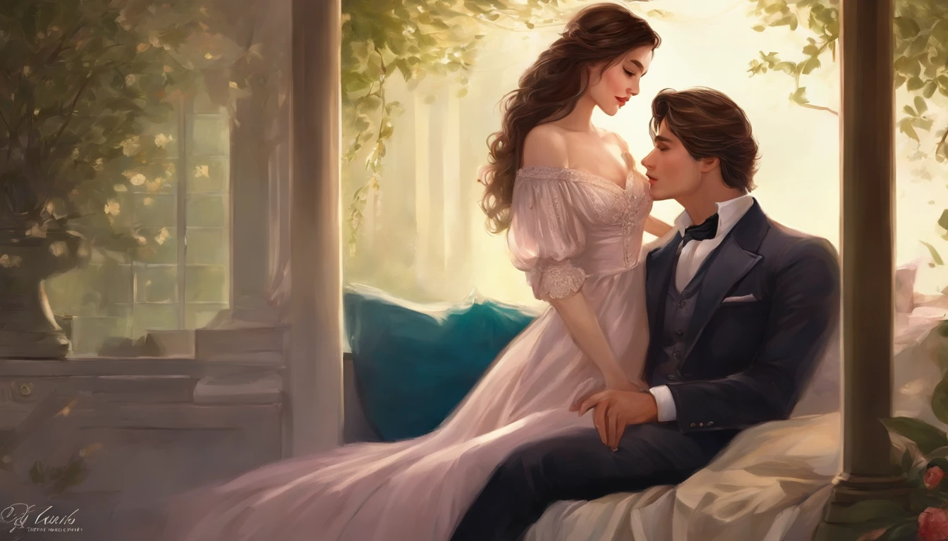 there is a man and woman sitting on a bed together, romance novel cover, in the art style of bowater, lovely couple, by Yang J, romanticism art style, by Ni Tian, manhwa, trending on artstration, exquisite digital illustration, couple pose, romance book cover, art cover, elegant digital painting, beautiful comic art, romantic couple