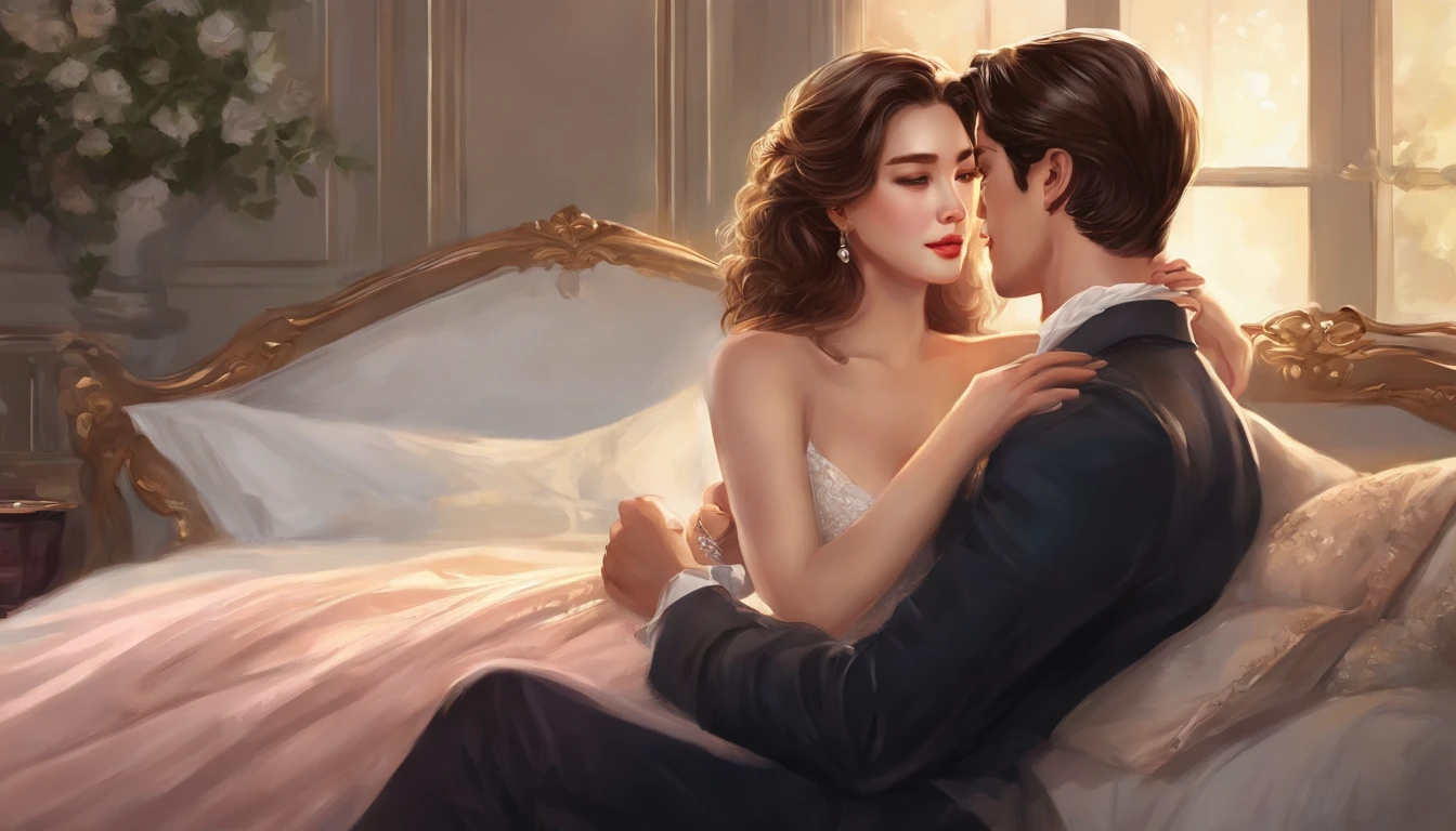there is a man and woman sitting on a bed together, romance novel cover, in the art style of bowater, lovely couple, by Yang J, romanticism art style, by Ni Tian, manhwa, trending on artstration, exquisite digital illustration, couple pose, romance book cover, art cover, elegant digital painting, beautiful comic art, romantic couple