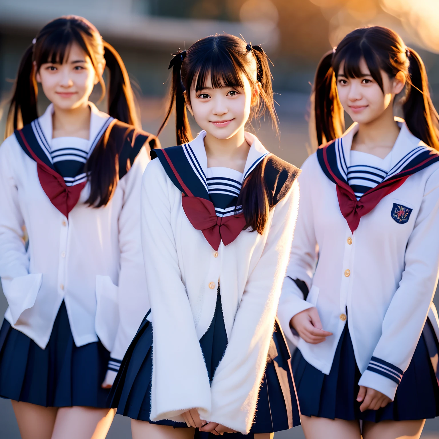 black-haired girls in long-sleeved sailor uniforms, white scarfs, ponytails, students, high-quality images, 4K resolution, ultra-detailed, realistic, vivid colors, concept artists, warm color tones, soft lighting