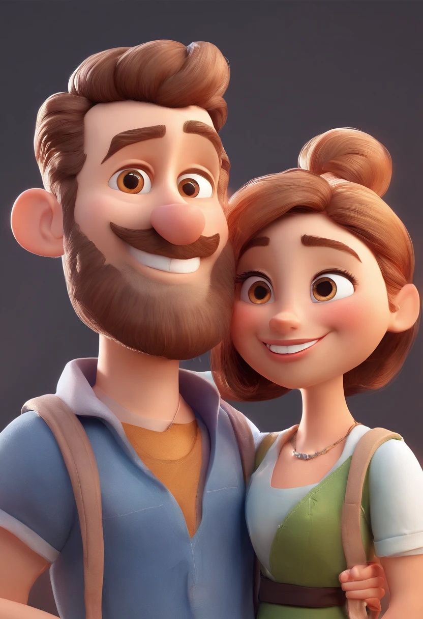 An illustration of an adorable couple, Destacando um homem e uma mulher com beleza, Expressive eyes – the man's hair is bald and brown and he has a full beard, While the woman's hair is tied up in a bun and blonde. They are a bright space, Todos com um sorriso no rosto, e compartilhe um momento especial, That is marked by love, viagem, and pedagogical insights. Ilustre esta cena a partir de uma perspectiva, where they're facing away from the camera, Show Your Connection. Desenvolva esta arte em Full HD, Focus on your cinematic touch, Estilo Disney Pixar Animations