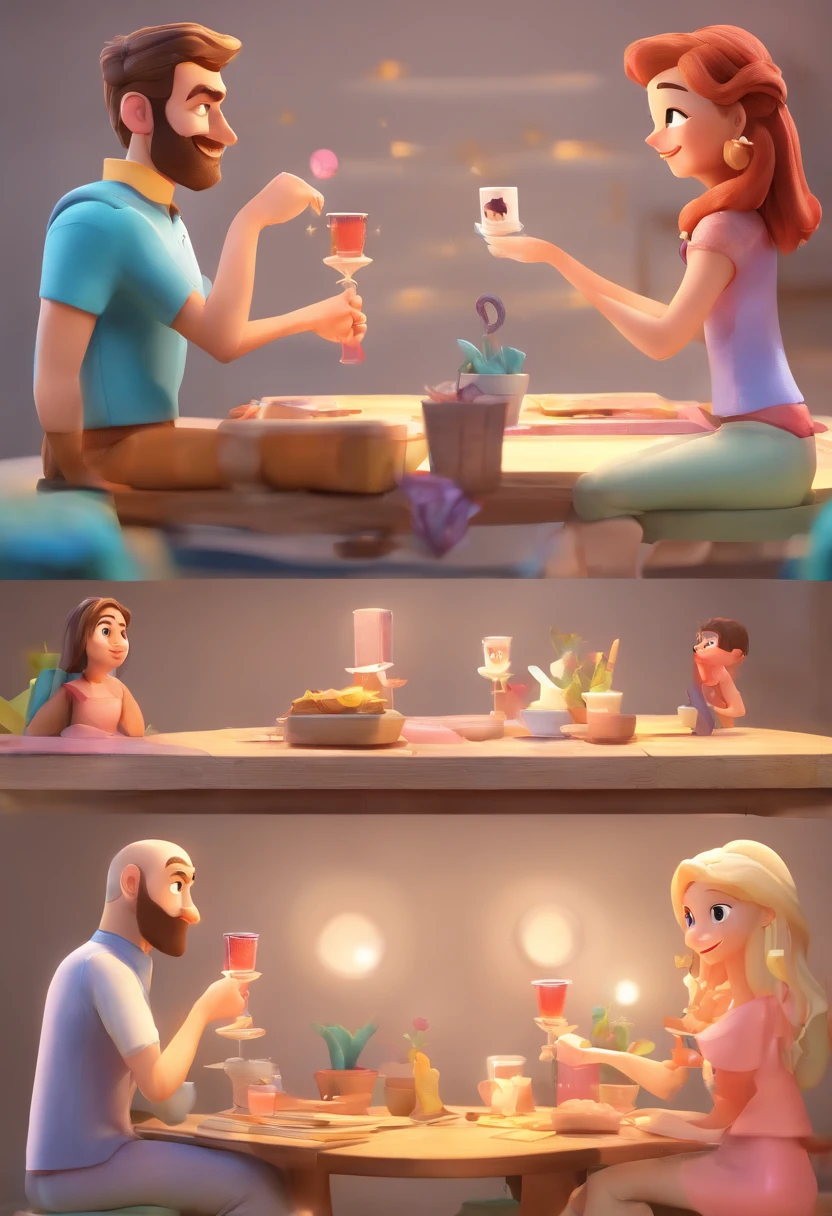 An illustration of an adorable couple, Destacando um homem e uma mulher com beleza, Expressive eyes – the man's hair is bald and brown and he has a full beard, While the woman's hair is tied up in a bun and blonde. They are a bright space, Todos com um sorriso no rosto, e compartilhe um momento especial, That is marked by love, viagem, and pedagogical insights. Ilustre esta cena a partir de uma perspectiva, where they're facing away from the camera, Show Your Connection. Desenvolva esta arte em Full HD, Focus on your cinematic touch, Estilo Disney Pixar Animations