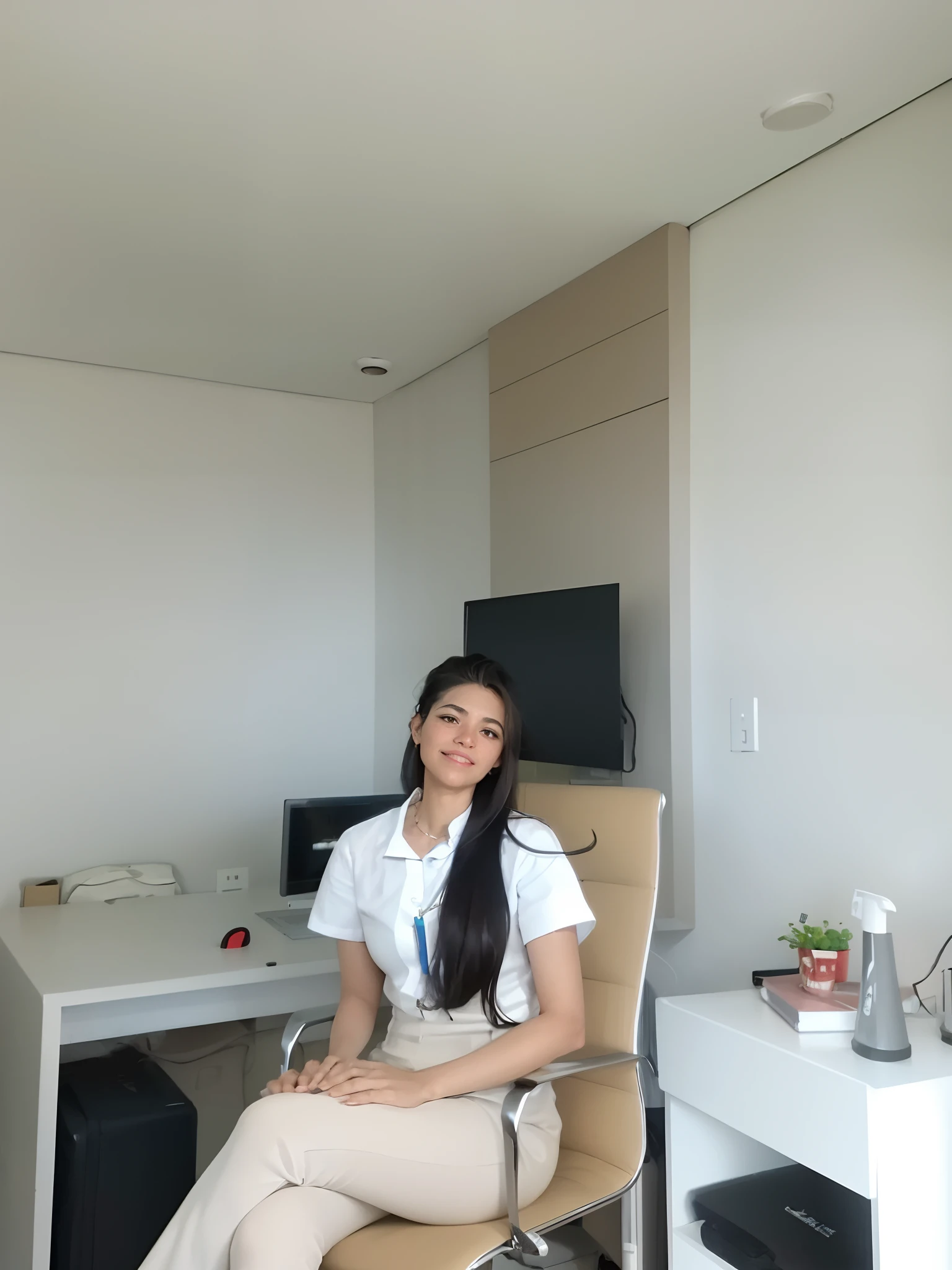 there is a woman sitting on a chair in a room, in office, at office, sentado no cargo, Directed by: Nandor Soldier, imagem frontal, Adriana DXIM, Directed by: Emerson Silva, eliran kantor, fernanda suarez, Henry Alvim Correa, Alanis Guillen, Foto realista, imagem profissional