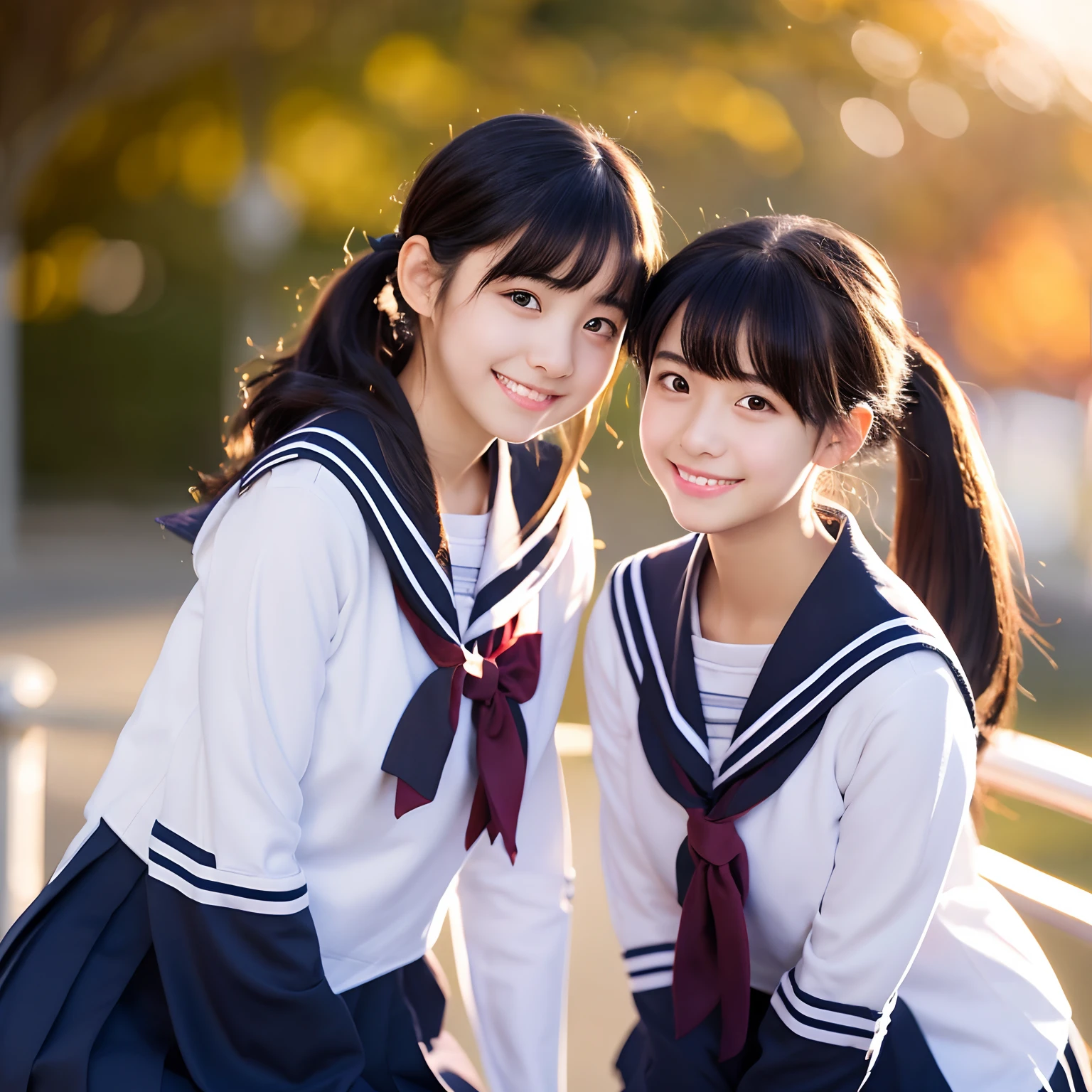 black-haired girls in long-sleeved sailor uniforms, white scarfs, ponytails, students, high-quality images, 4K resolution, ultra-detailed, realistic, vivid colors, concept artists, warm color tones, soft lighting