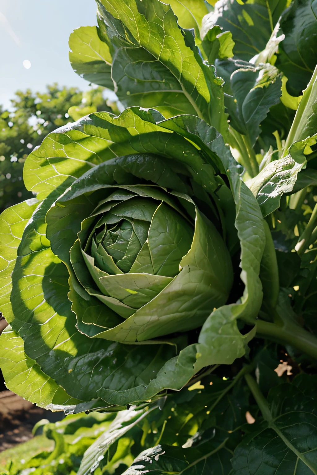 (fresh,organic) iceberg lettuce,realistic farm scenery,crisp leaves,clear blue sky,healthy and vibrant,taken in the golden hour lighting,surrounded by other leafy greens and vegetables,natural and fresh,professionally photographed,high-res image,with a slight bokeh effect to highlight the lettuce,showing the texture of the leaves,airbrushed and evenly lit,photorealistic style,pure green color palette,translucent and refreshing,lush and abundant,farm-to-table aesthetics