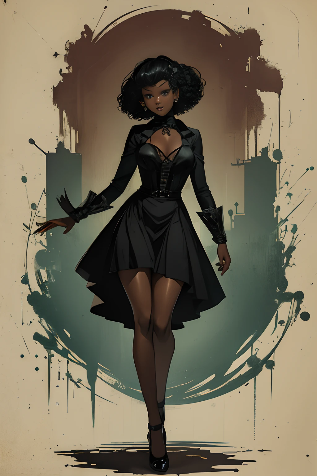 A girl, 1girl, dark skin, (full body view), vintage horror, 1940s, shapes, gothic, vintage, sexy, anime style, (clear background)