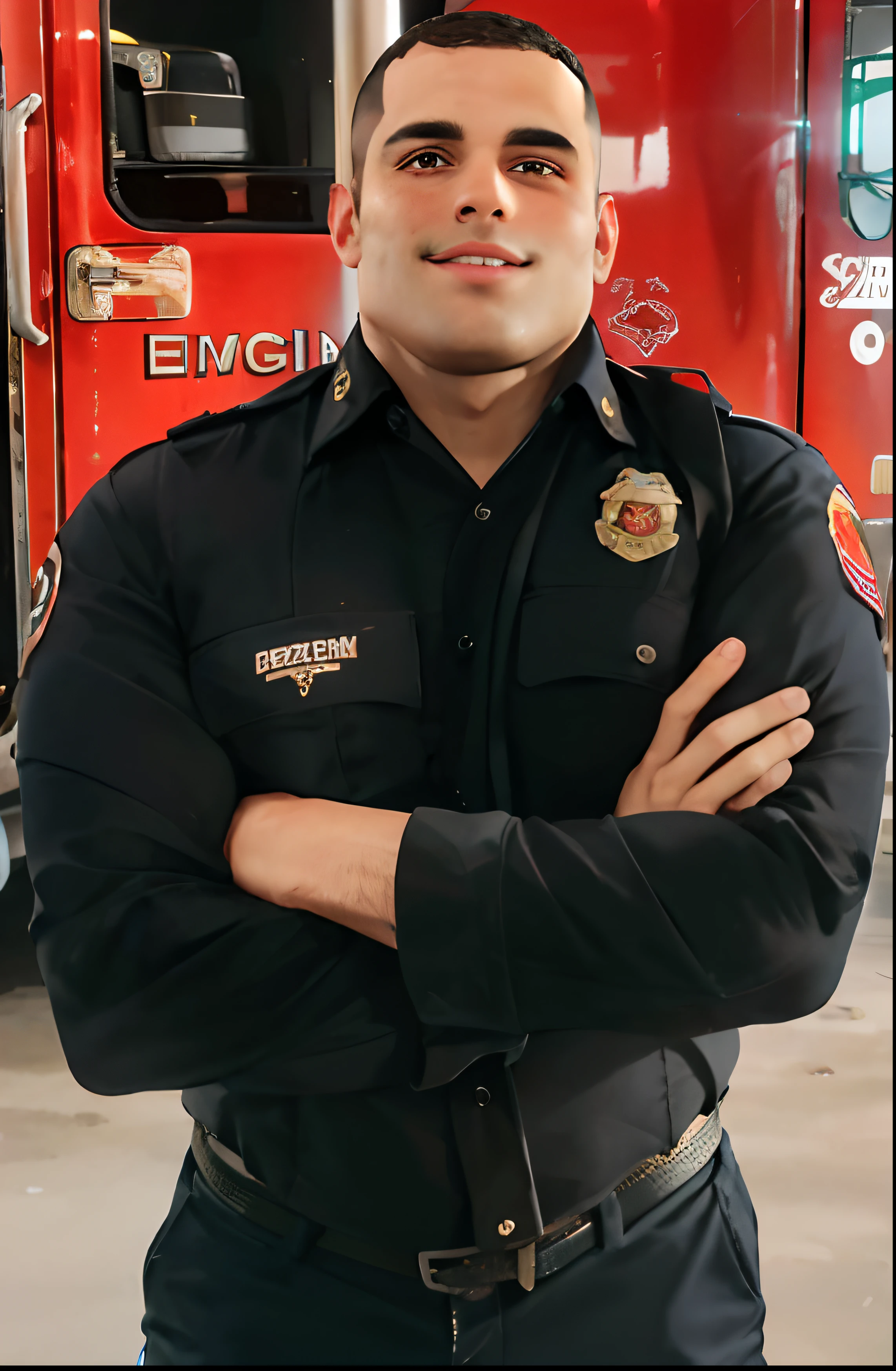 arafed hot thick muscular Puerto Rican American firefighter has autism and OCD standing in front of a fire truck in a garage, 27yrs old 170lbs 160km 5' 7" hot thick muscular body and curvy waistline and hips hot arms hands and legs hot buff muscular biceps and pecs chubby cheeks and cute dimples beautiful smile and perfect teeth hot bubblegum lips hot brown eyes beautiful eyebrows golden toned tanned skin wearing a buttoned up dark long sleeve firefighter uniform with black belt buckle and wearing a black long cargo firefighter uniform dress pants and wearing less eagle top firefighter badge on right top chest has firefighter EMS patch on left top shoulder and main fire department insignia on right top shoulder